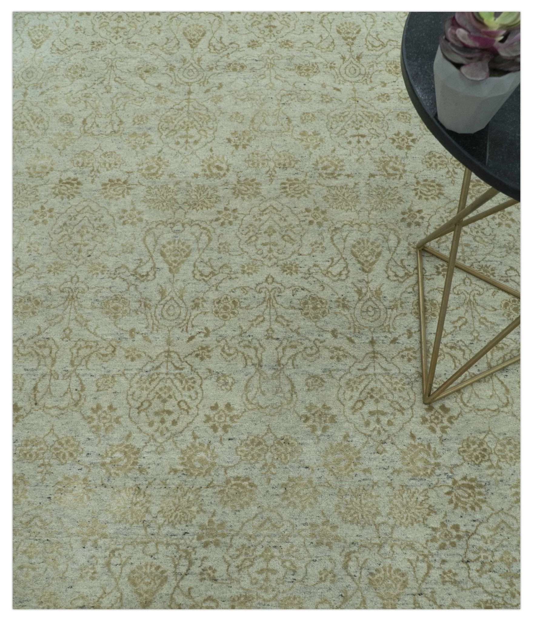 Traditional Design Ivory, Silver and Brown 7x9 Hand Knotted wool rug - Image 2