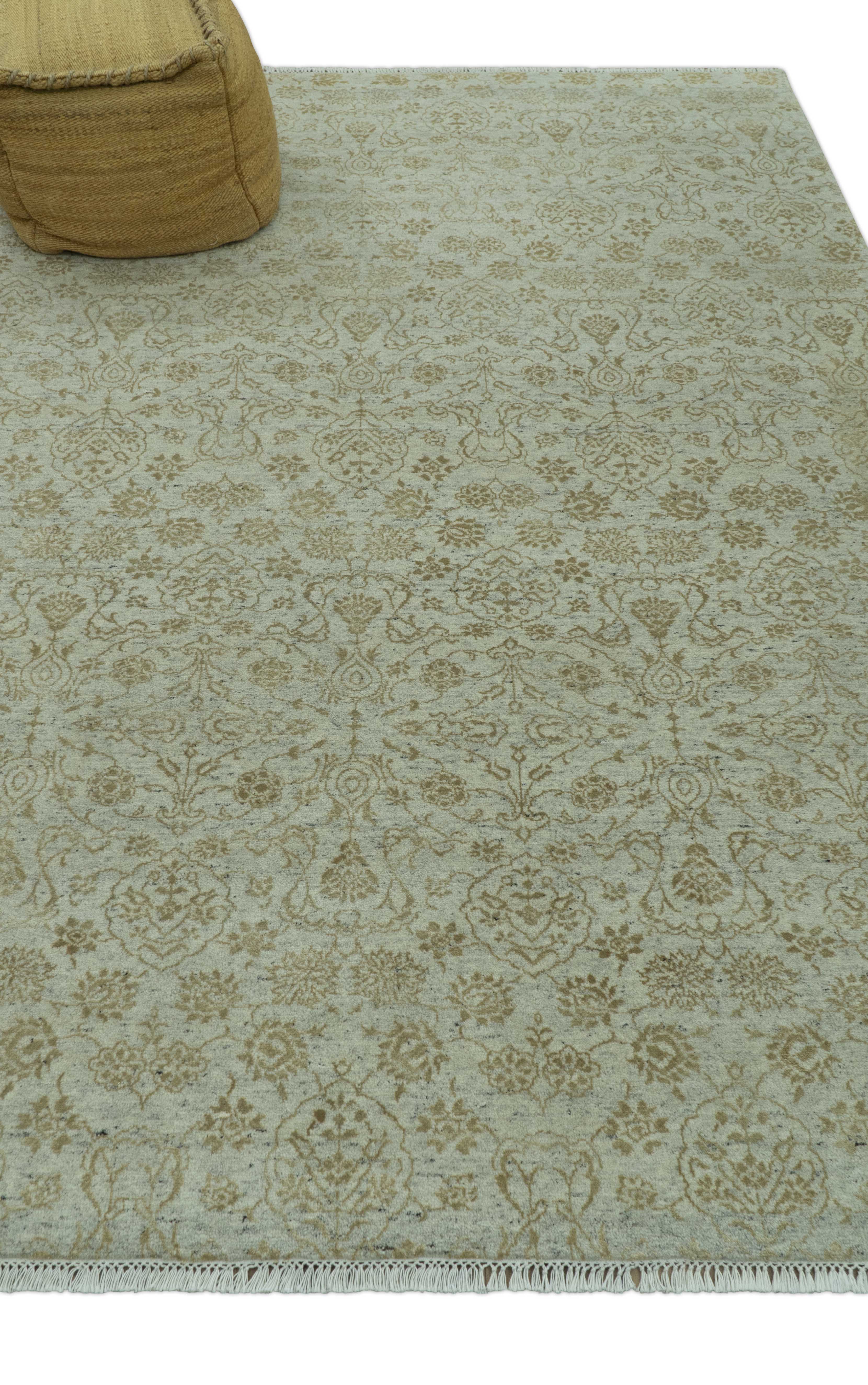 Traditional Design Ivory, Silver and Brown 7x9 Hand Knotted wool rug - Image 3