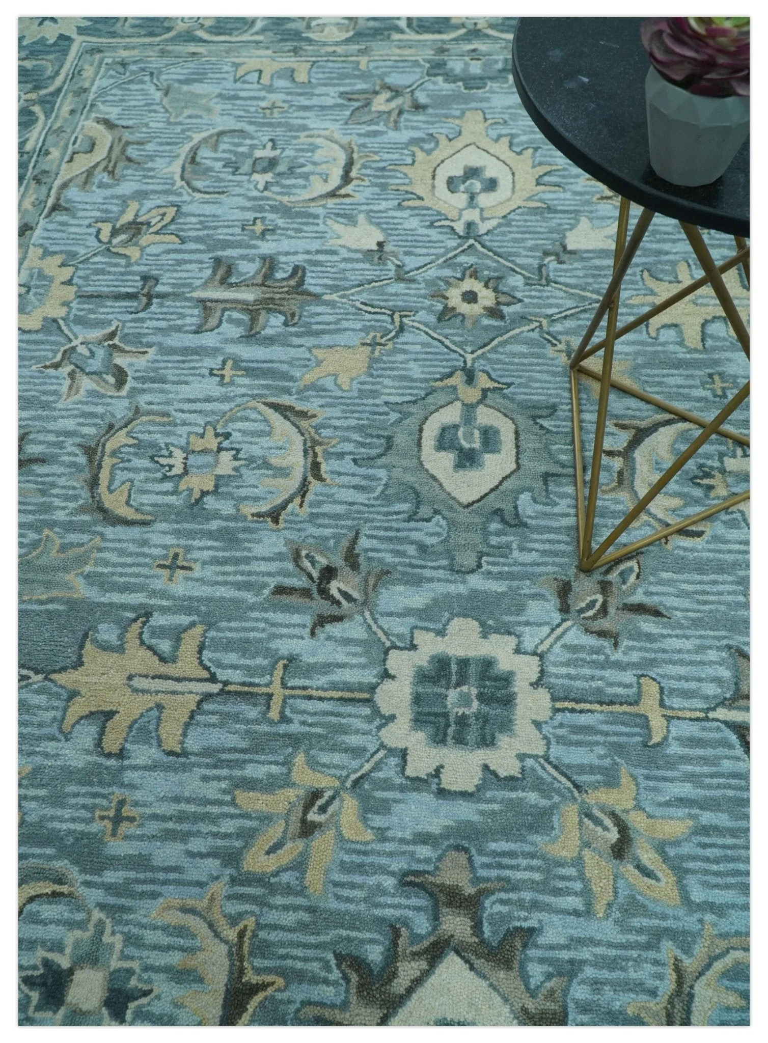 Traditional Floral Aqua, Gray and Beige Hand Tufted Multi size wool area rug - Image 2
