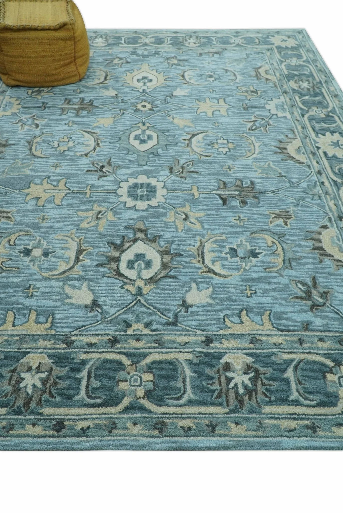 Traditional Floral Aqua, Gray and Beige Hand Tufted Multi size wool area rug - Image 3