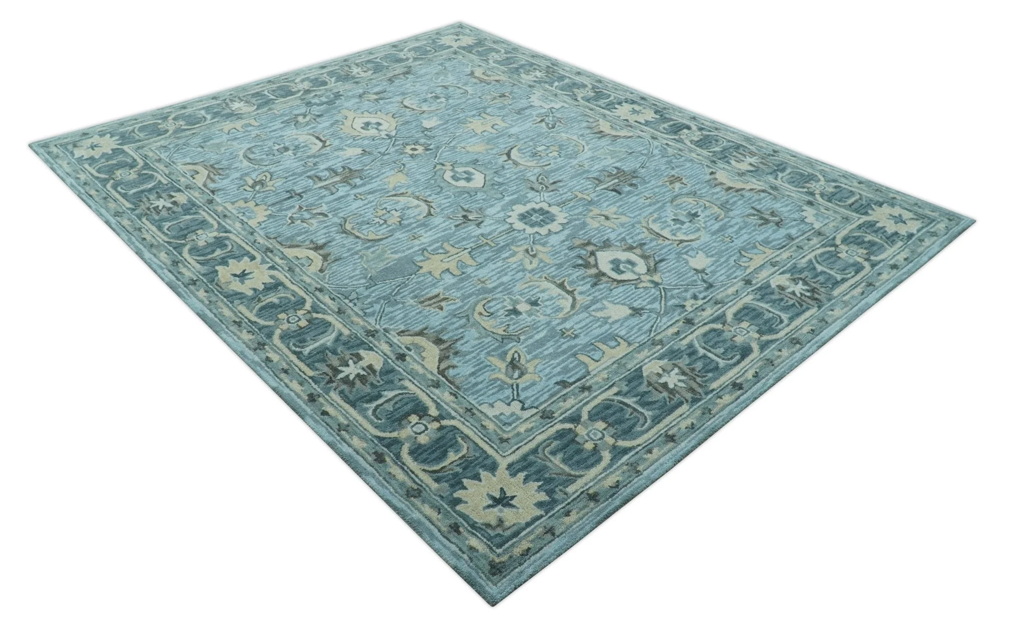 Traditional Floral Aqua, Gray and Beige Hand Tufted Multi size wool area rug - Image 9