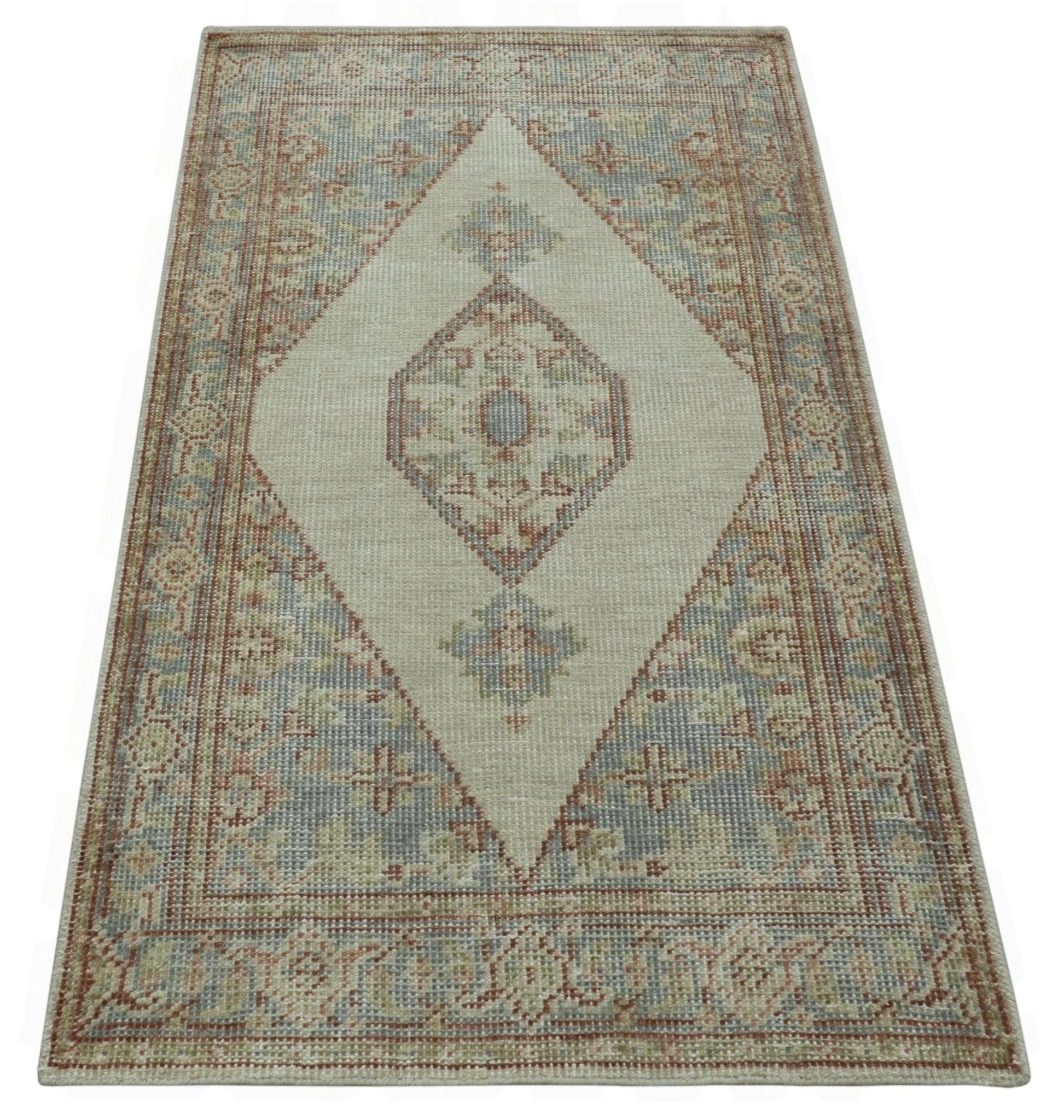 Traditional Heriz Design Beige And Blue Hand Knotted 3x5 Wool Area Rug - Image 8