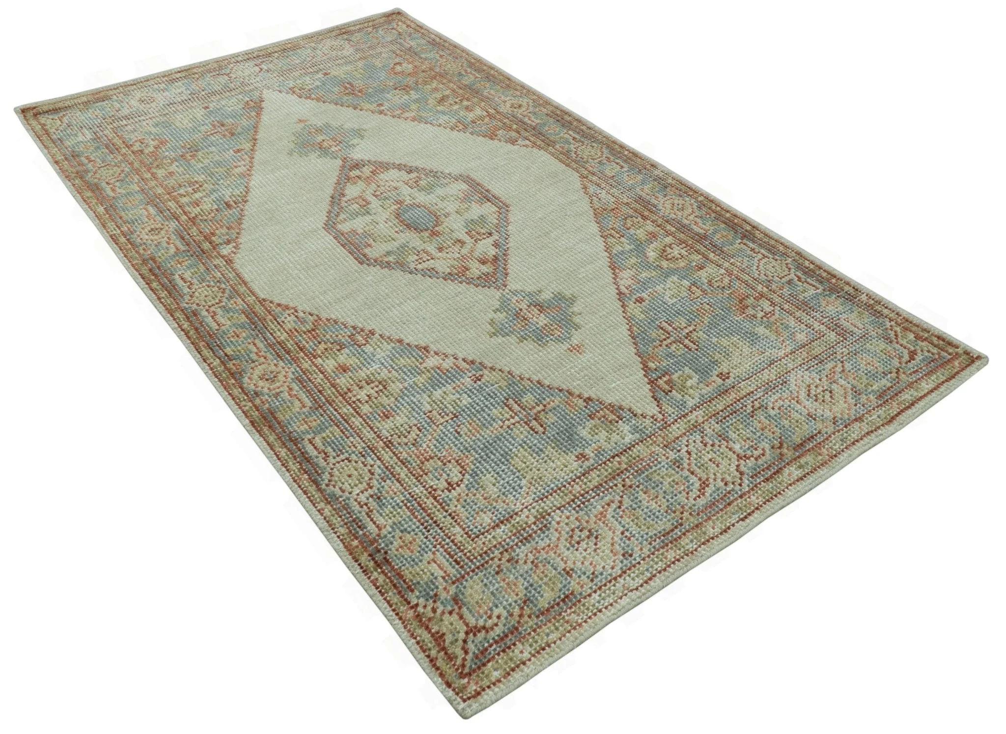 Traditional Heriz Design Beige And Blue Hand Knotted 3x5 Wool Area Rug - Image 9