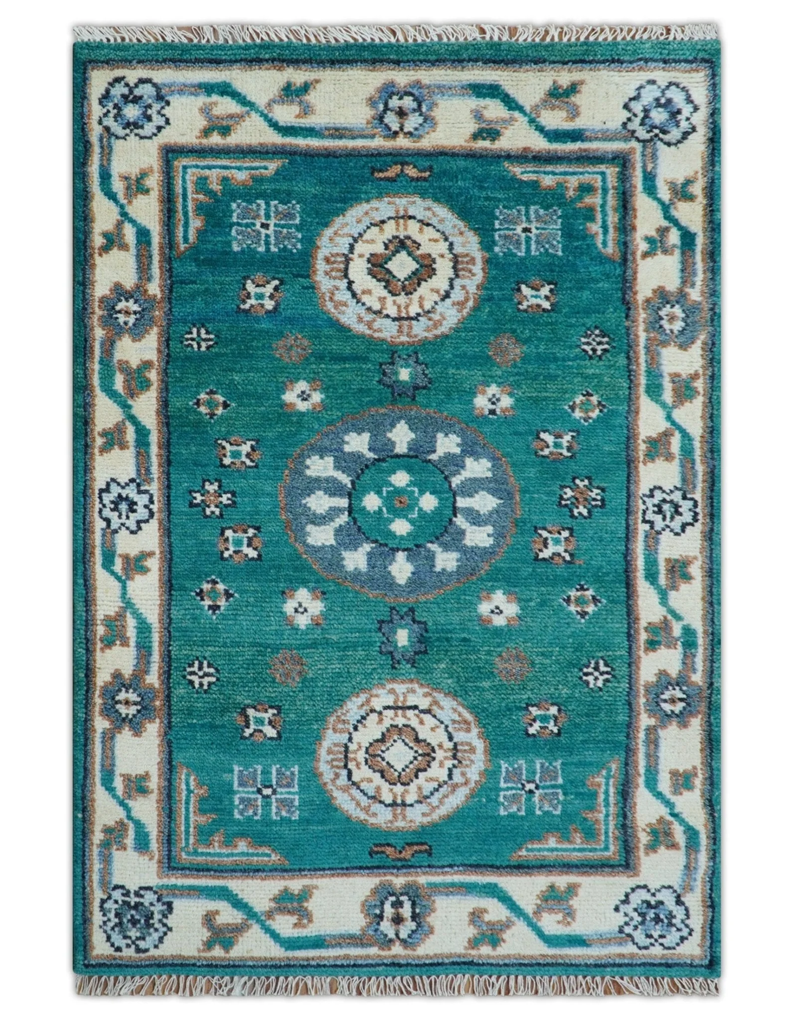 Traditional Khotan Design Teal And Beige Hand knotted 4x6  Wool Area Rug - Image 2