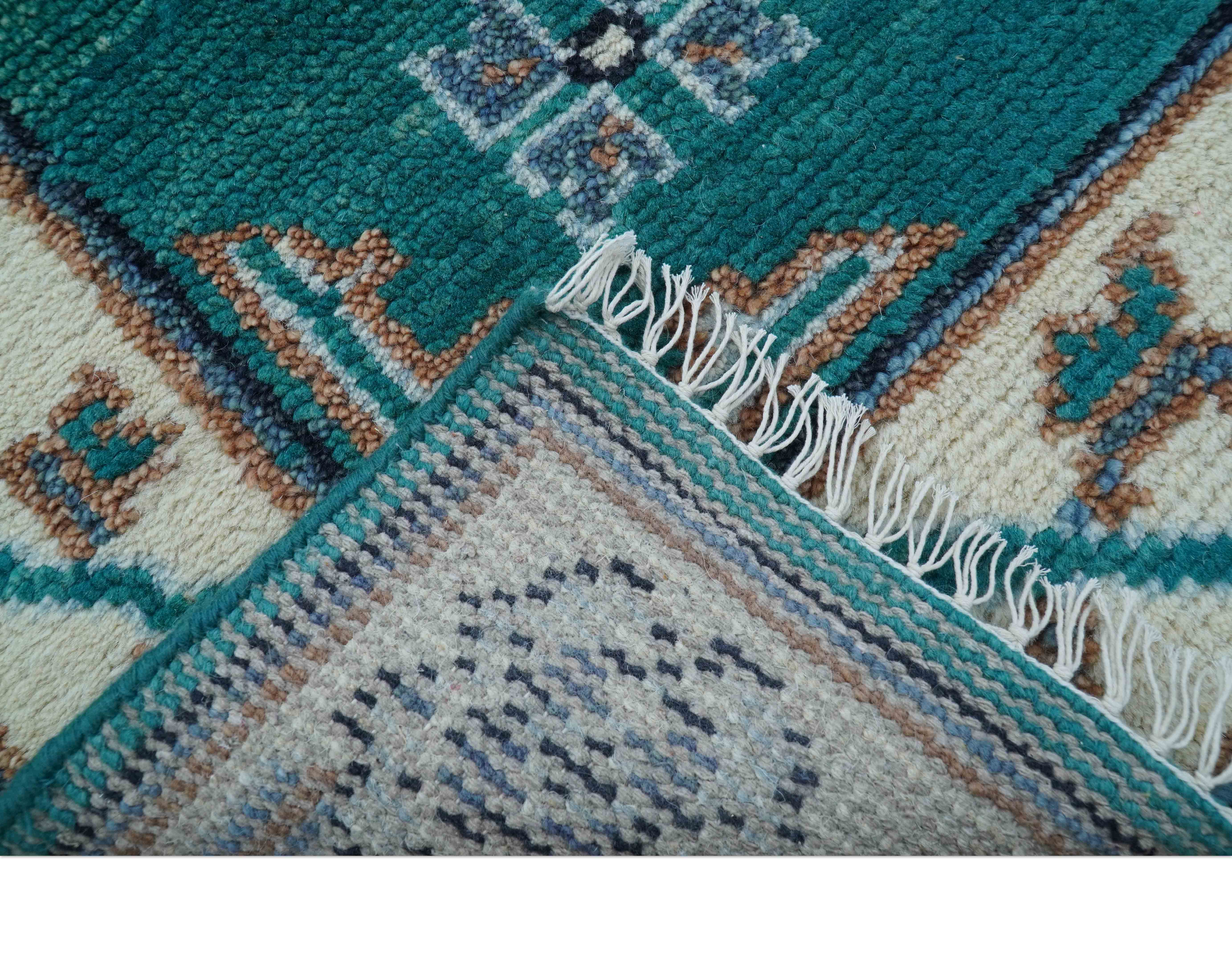 Traditional Khotan Design Teal And Beige Hand knotted 4x6  Wool Area Rug - Image 5