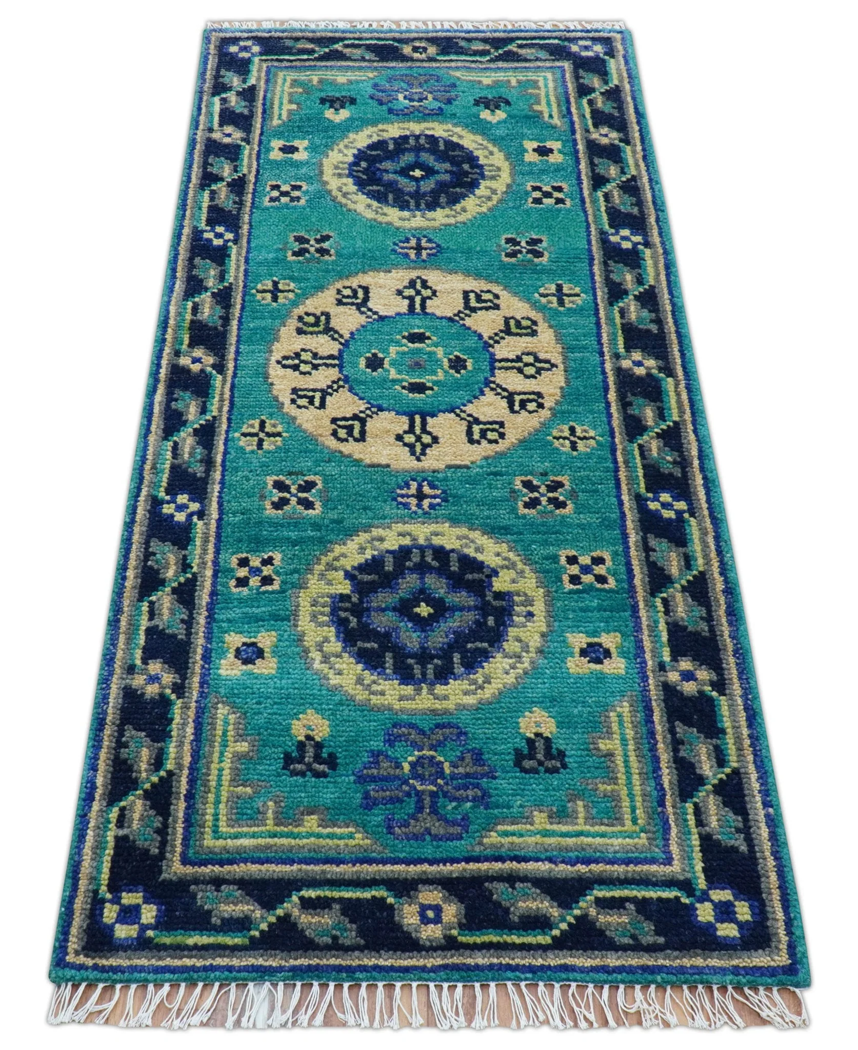 Traditional Khotan Design Teal Hand knotted 3x6 Wool Area Rug - Image 5