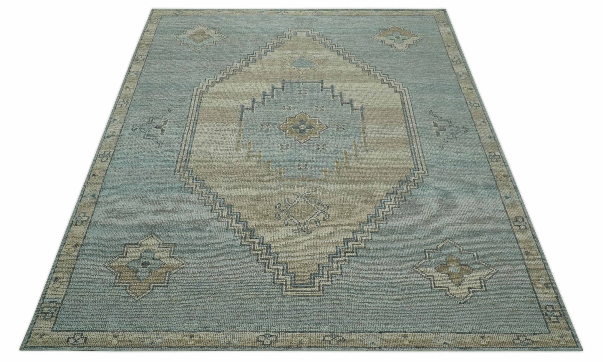 Traditional Medallion Design Blue and Beige Hand Knotted Wool Rug Custom Made - Image 10