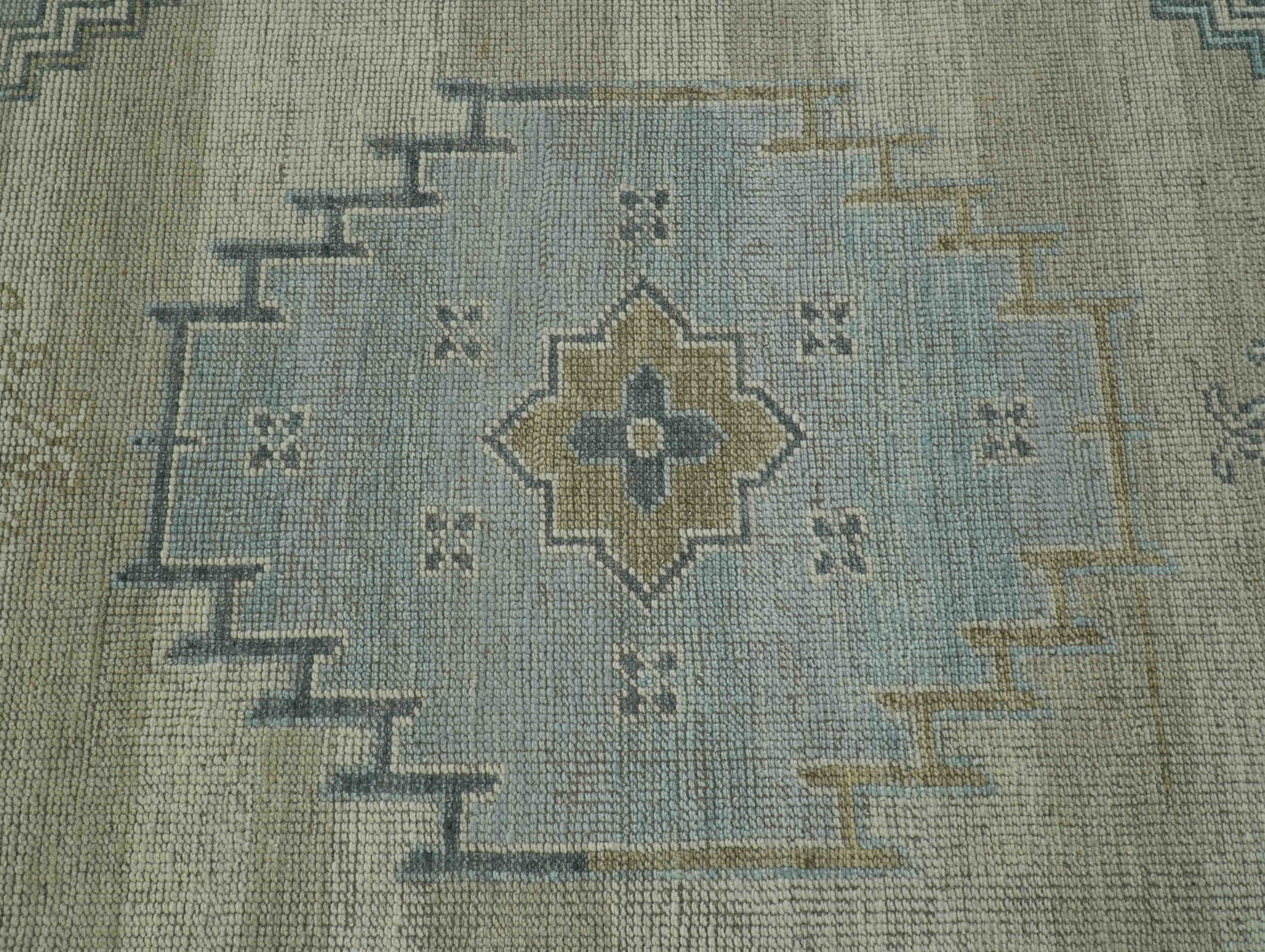 Traditional Medallion Design Blue and Beige Hand Knotted Wool Rug Custom Made - Image 6