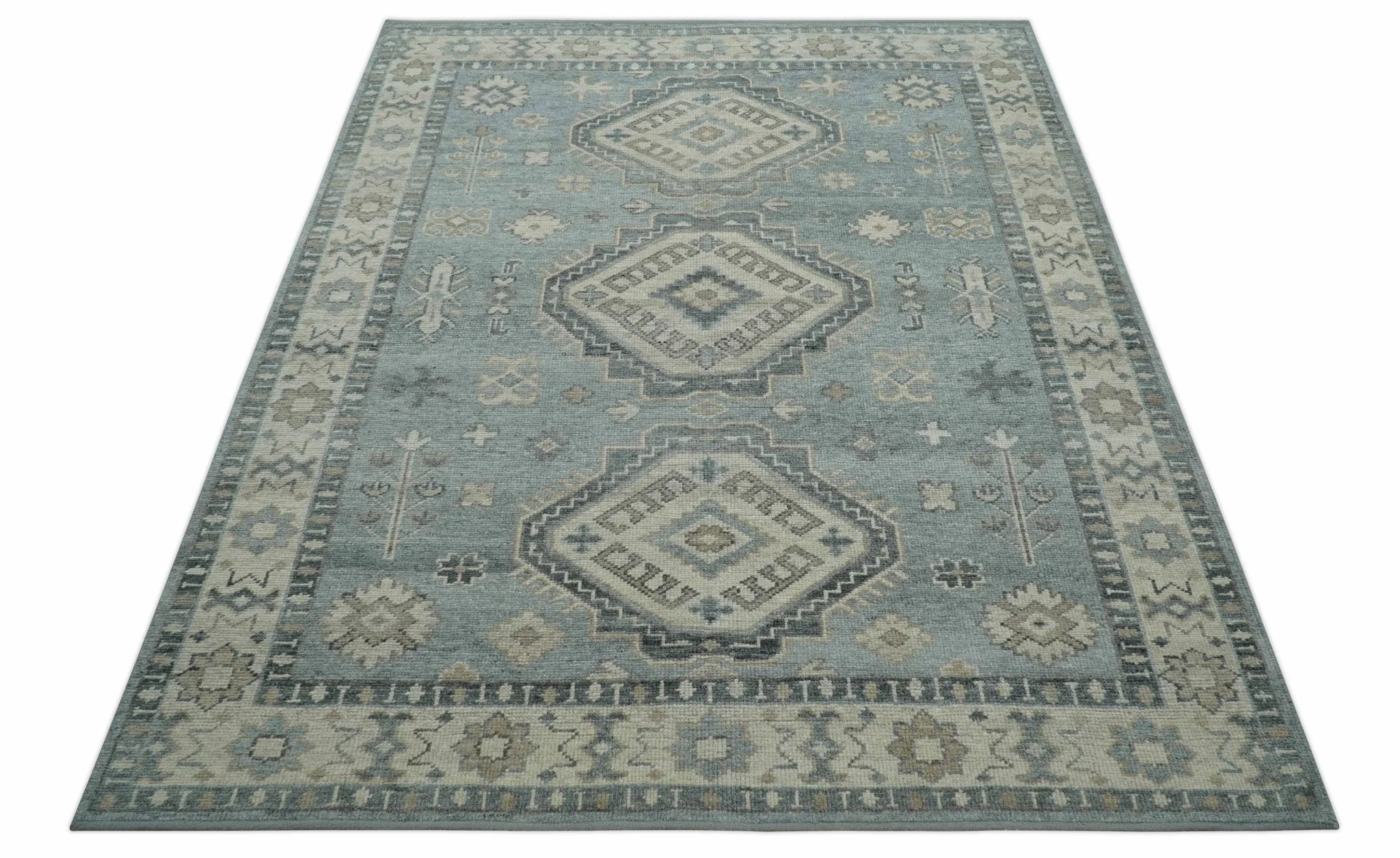 Traditional Medallions Design Blue And Beige Custom Made Wool And Linen Blend Rug - Image 10