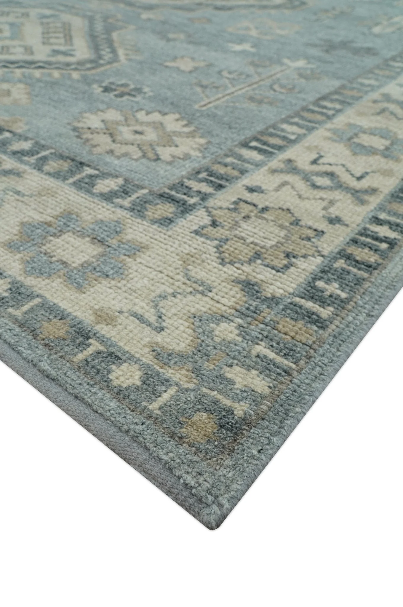 Traditional Medallions Design Blue And Beige Custom Made Wool And Linen Blend Rug - Image 4