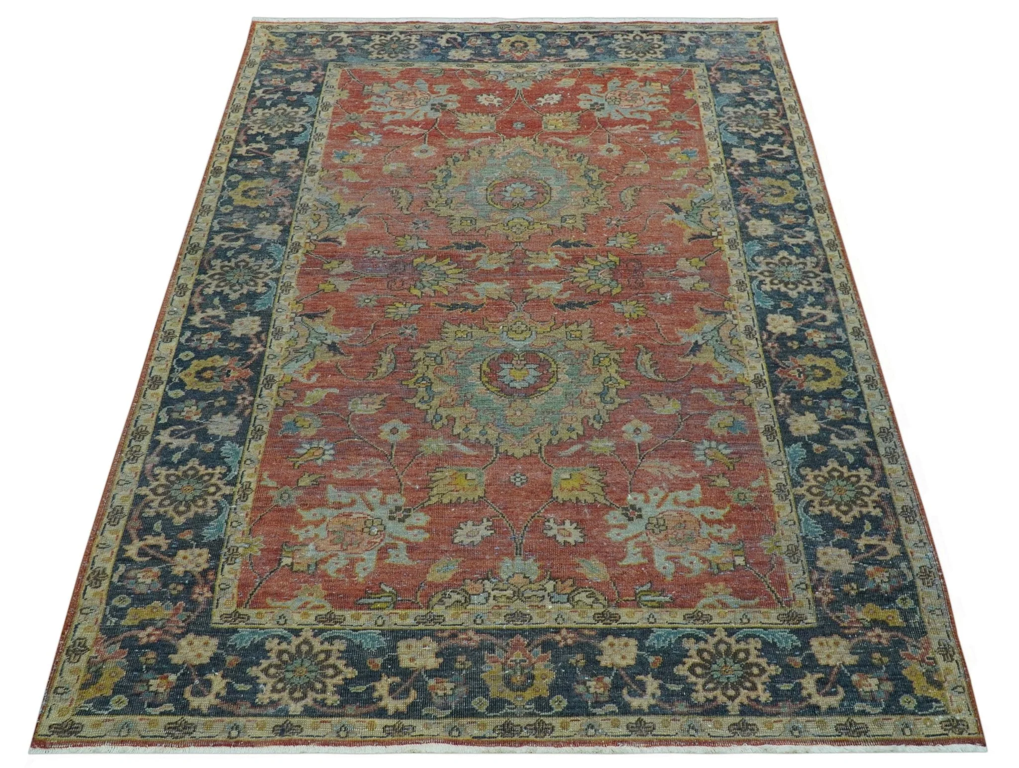 Traditional Oriental Design Fine Rust And Blue Hand Knotted 4x6 Wool Area Rug - Image 10