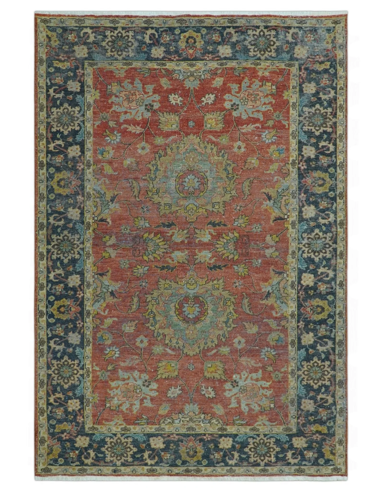 Traditional Oriental Design Fine Rust And Blue Hand Knotted 4x6 Wool Area Rug - Image 11