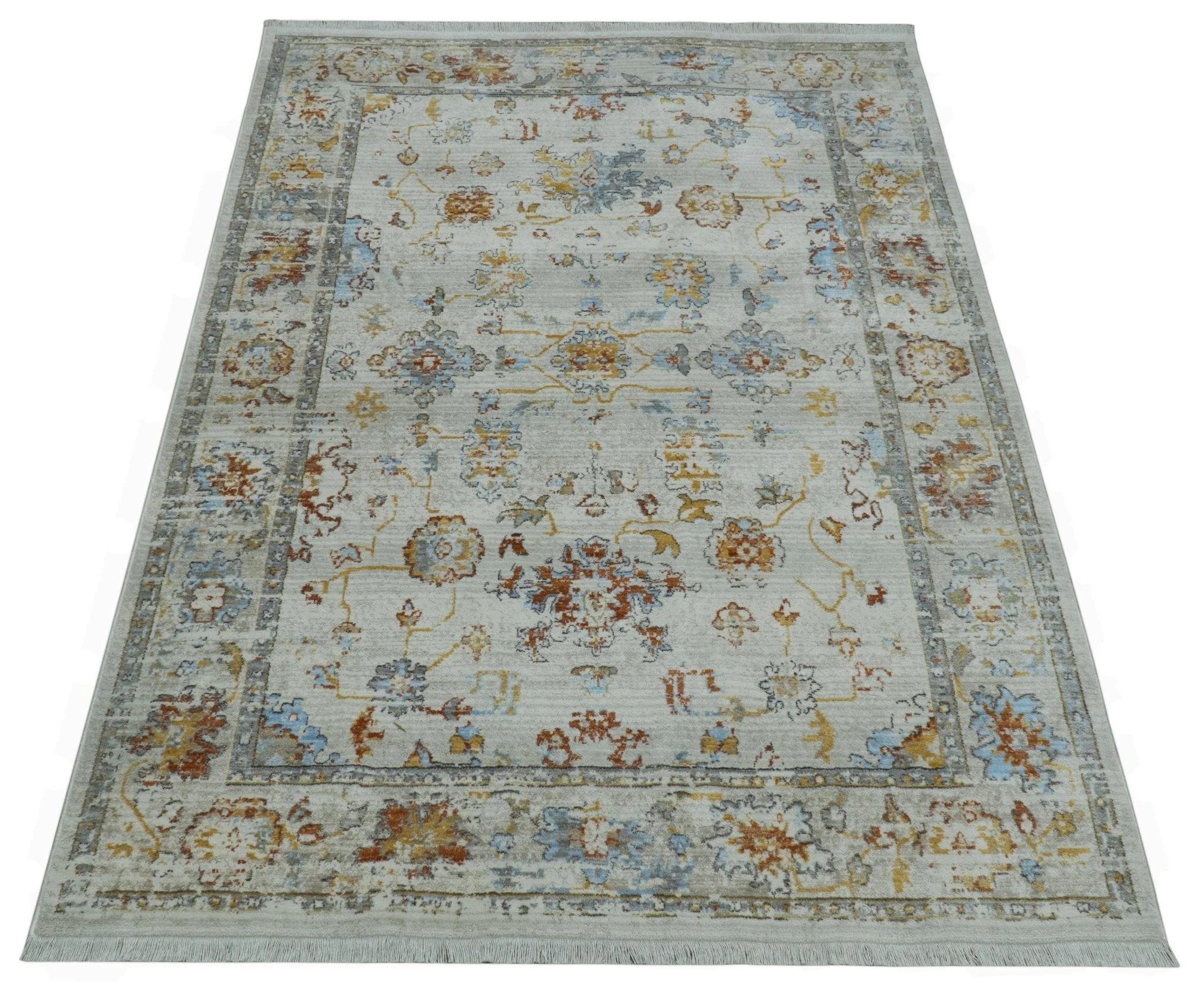 Traditional Oriental Design Silver And Rust Machine Woven 4x5.7 Polyester Area Rug - Image 8