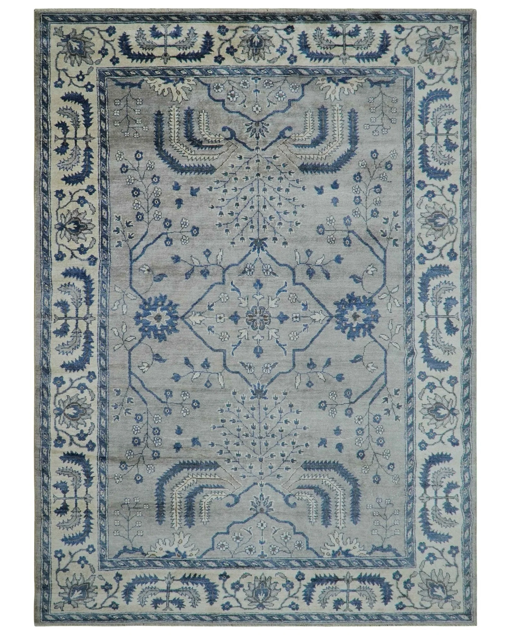 Traditional Oriental Gray And Blue Hand knotted Art Silk Area Rug