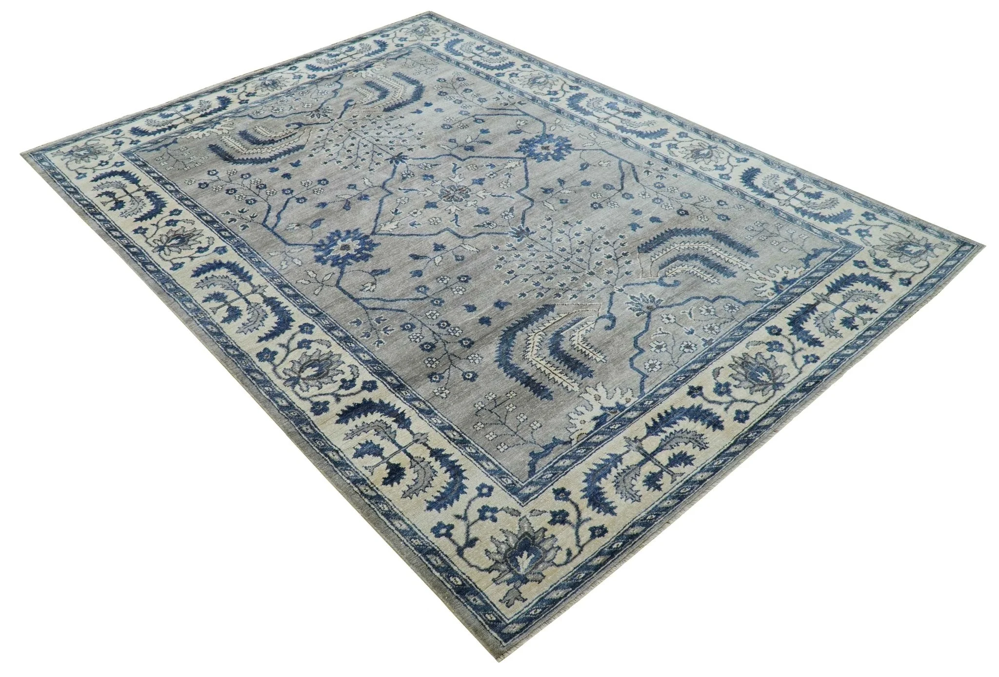 Traditional Oriental Gray And Blue Hand knotted Art Silk Area Rug - Image 10