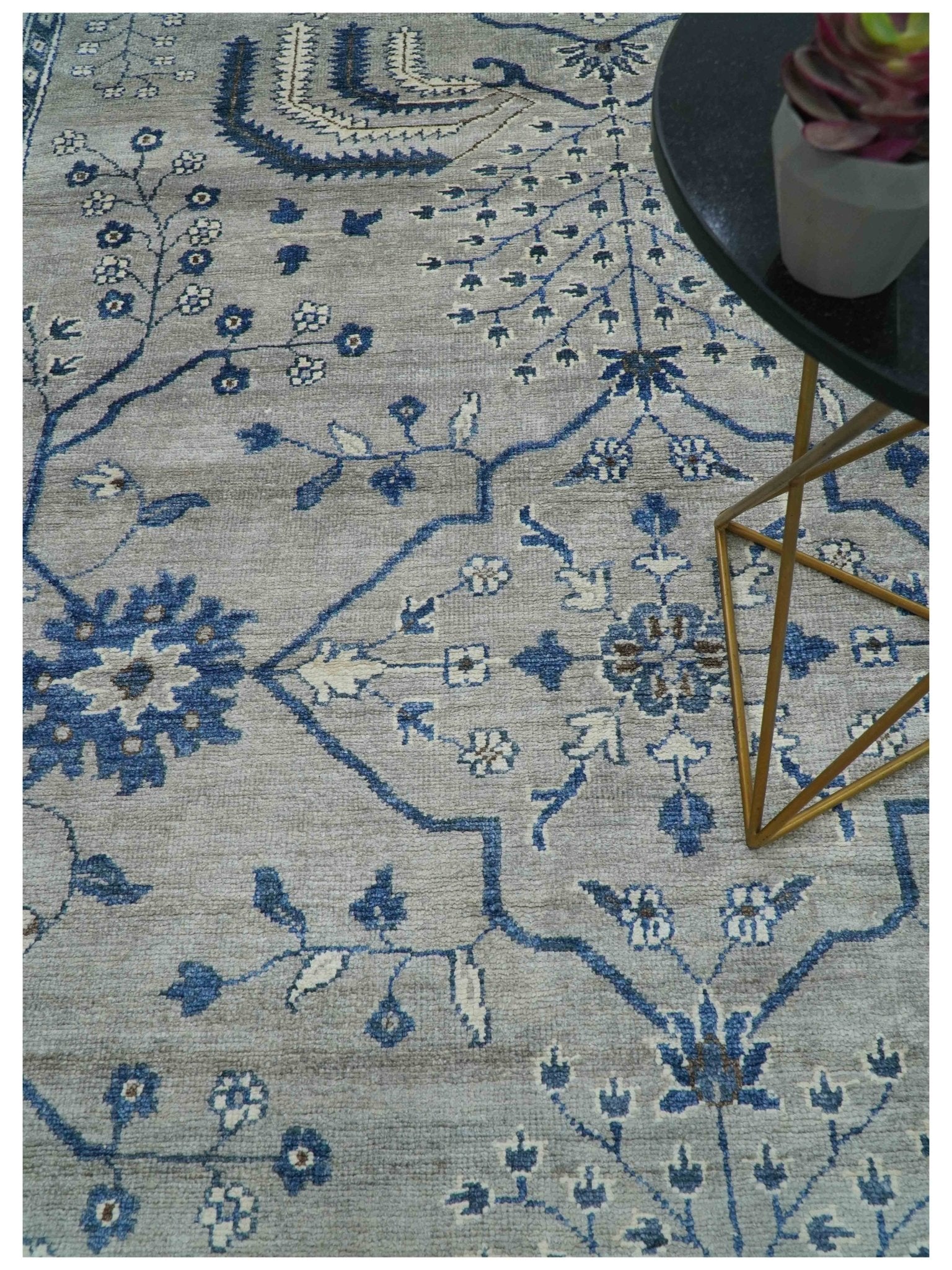 Traditional Oriental Gray And Blue Hand knotted Art Silk Area Rug - Image 2