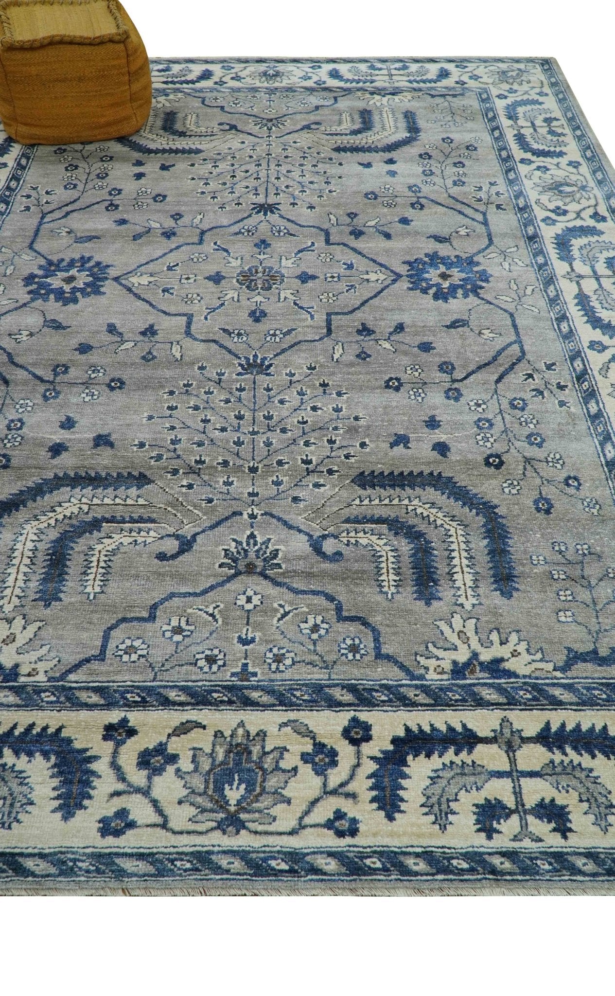 Traditional Oriental Gray And Blue Hand knotted Art Silk Area Rug - Image 3