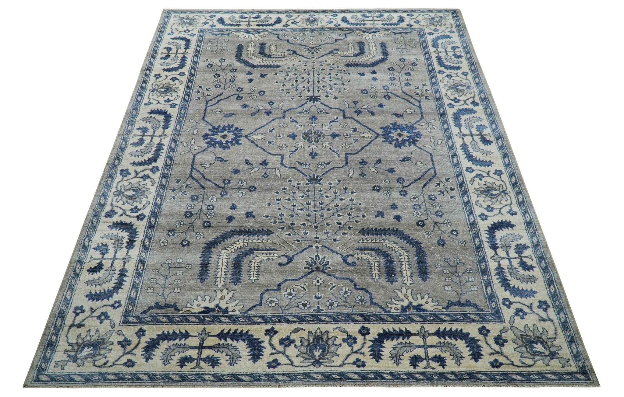 Traditional Oriental Gray And Blue Hand knotted Art Silk Area Rug - Image 9