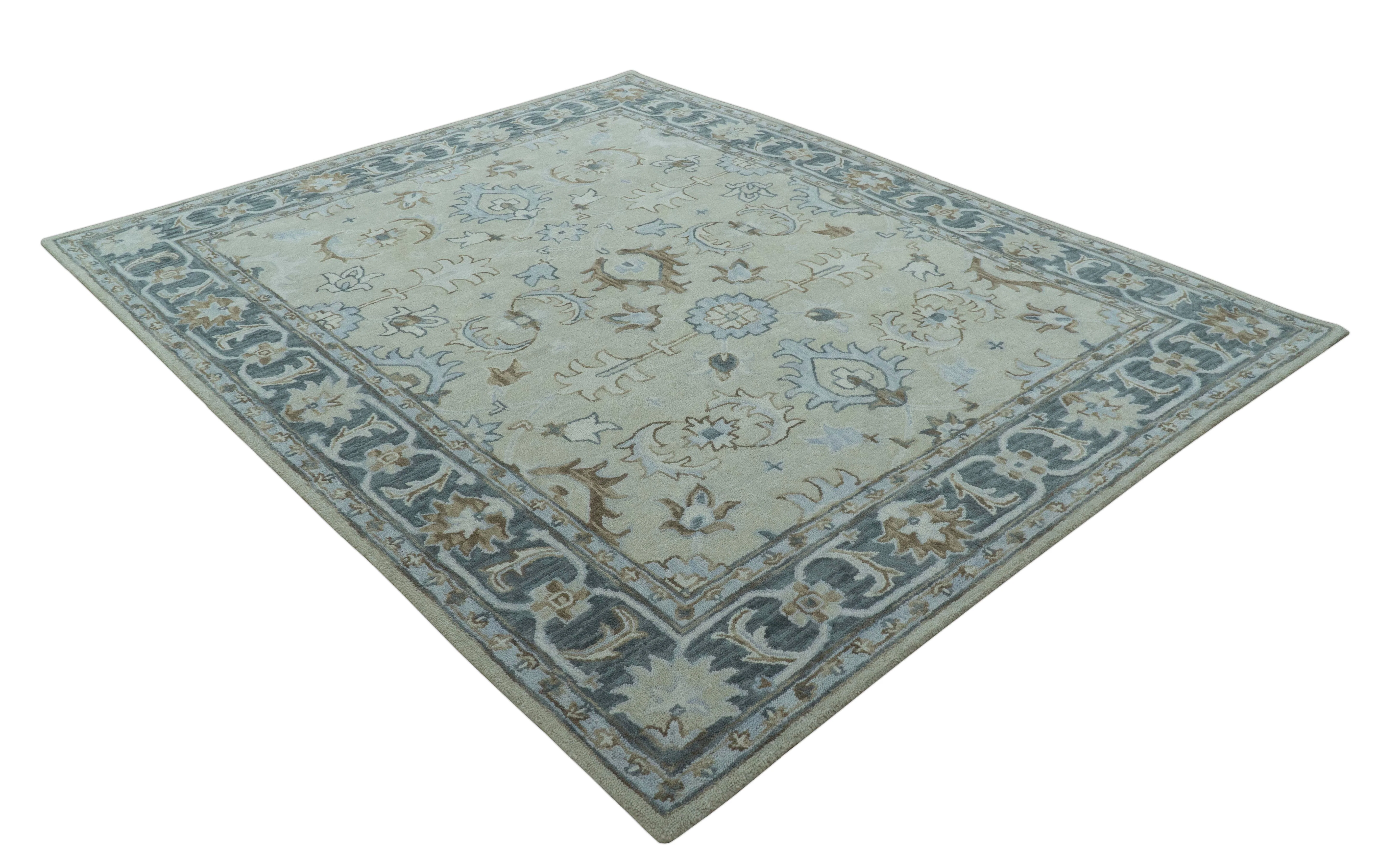 Traditional Oushak Design Beige And Blue Hand Tufted Custom Made Wool Rug - Image 11