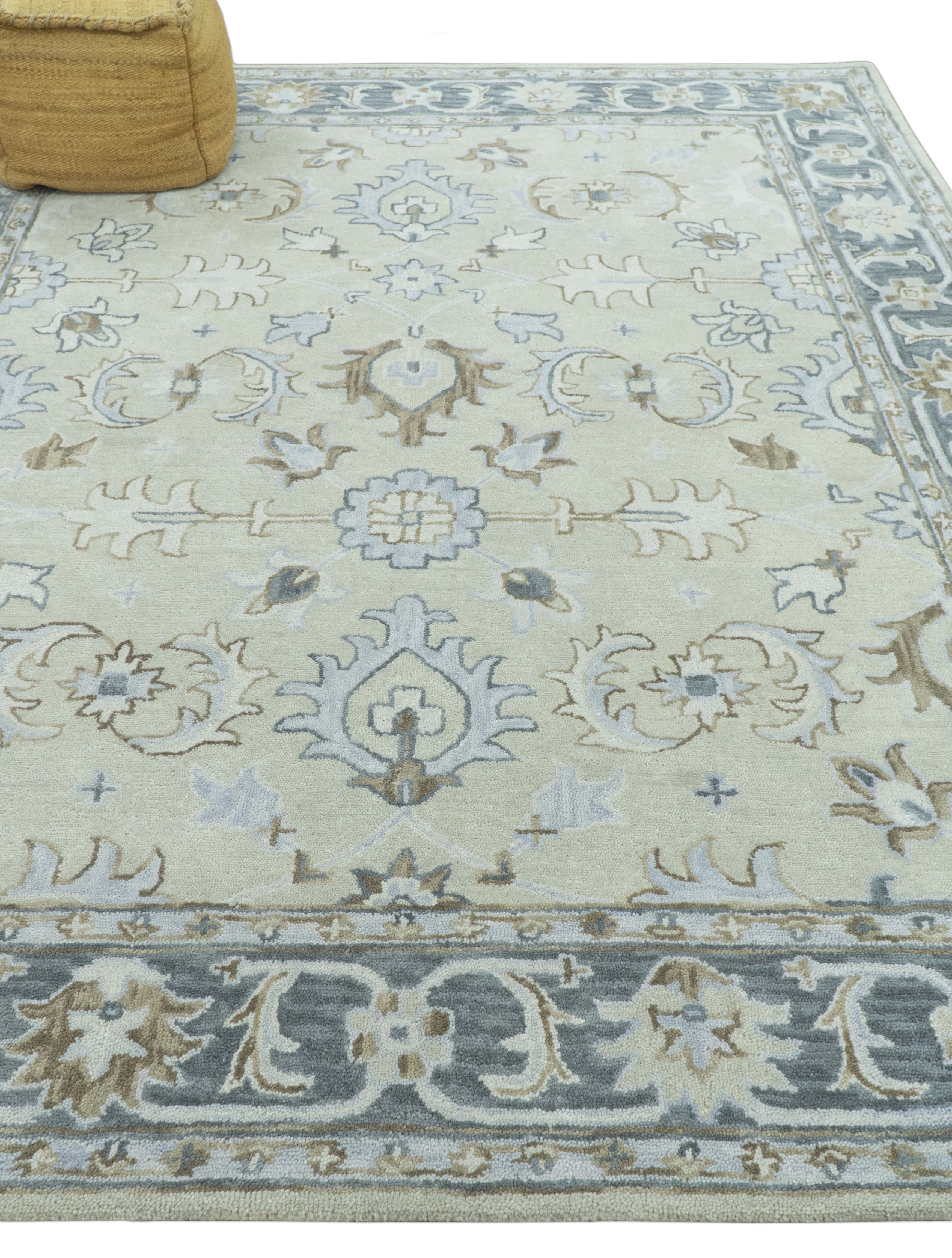 Traditional Oushak Design Beige And Blue Hand Tufted Custom Made Wool Rug - Image 4