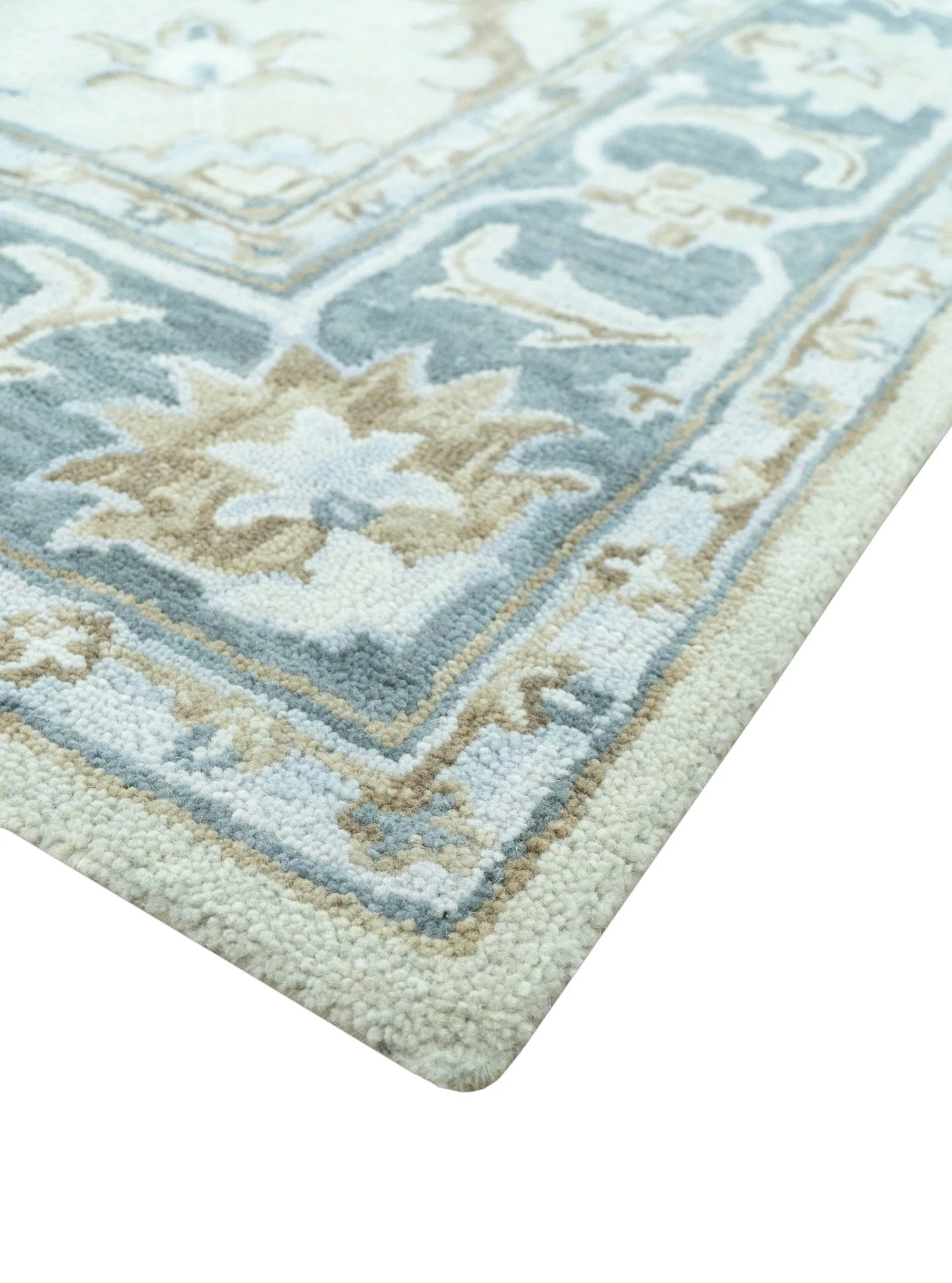 Traditional Oushak Design Beige And Blue Hand Tufted Custom Made Wool Rug - Image 6