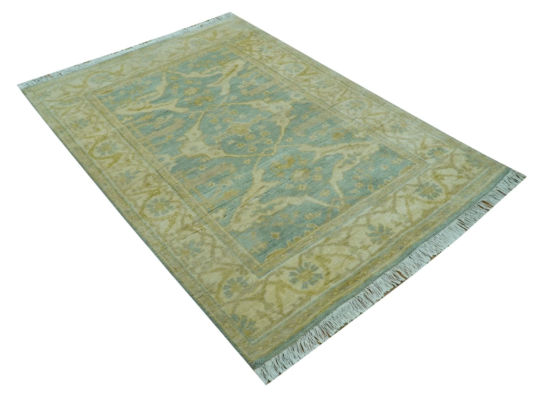 Traditional Oushak Design Blue And Beige 4x6 Hand Knotted Wool Area Rug - Image 9