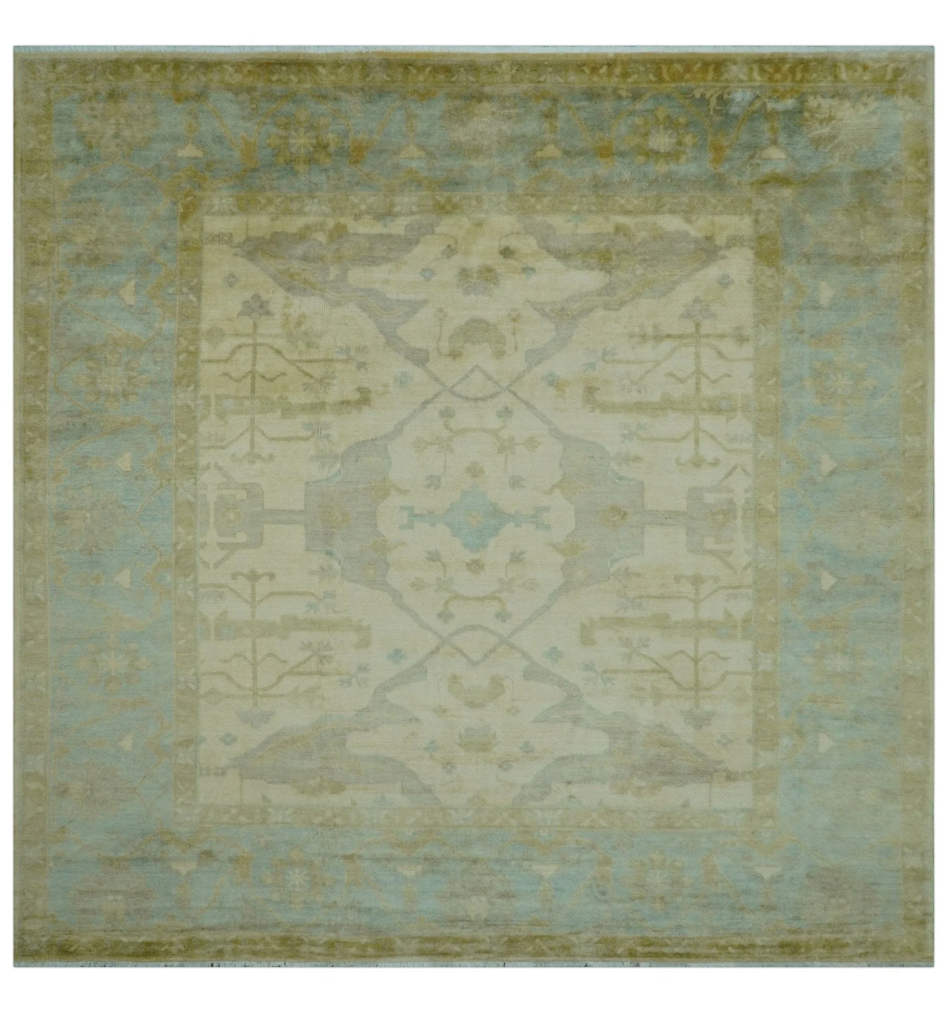 Traditional Oushak Design Blue And Beige Hand Knotted 10x10 Wool Area Rug