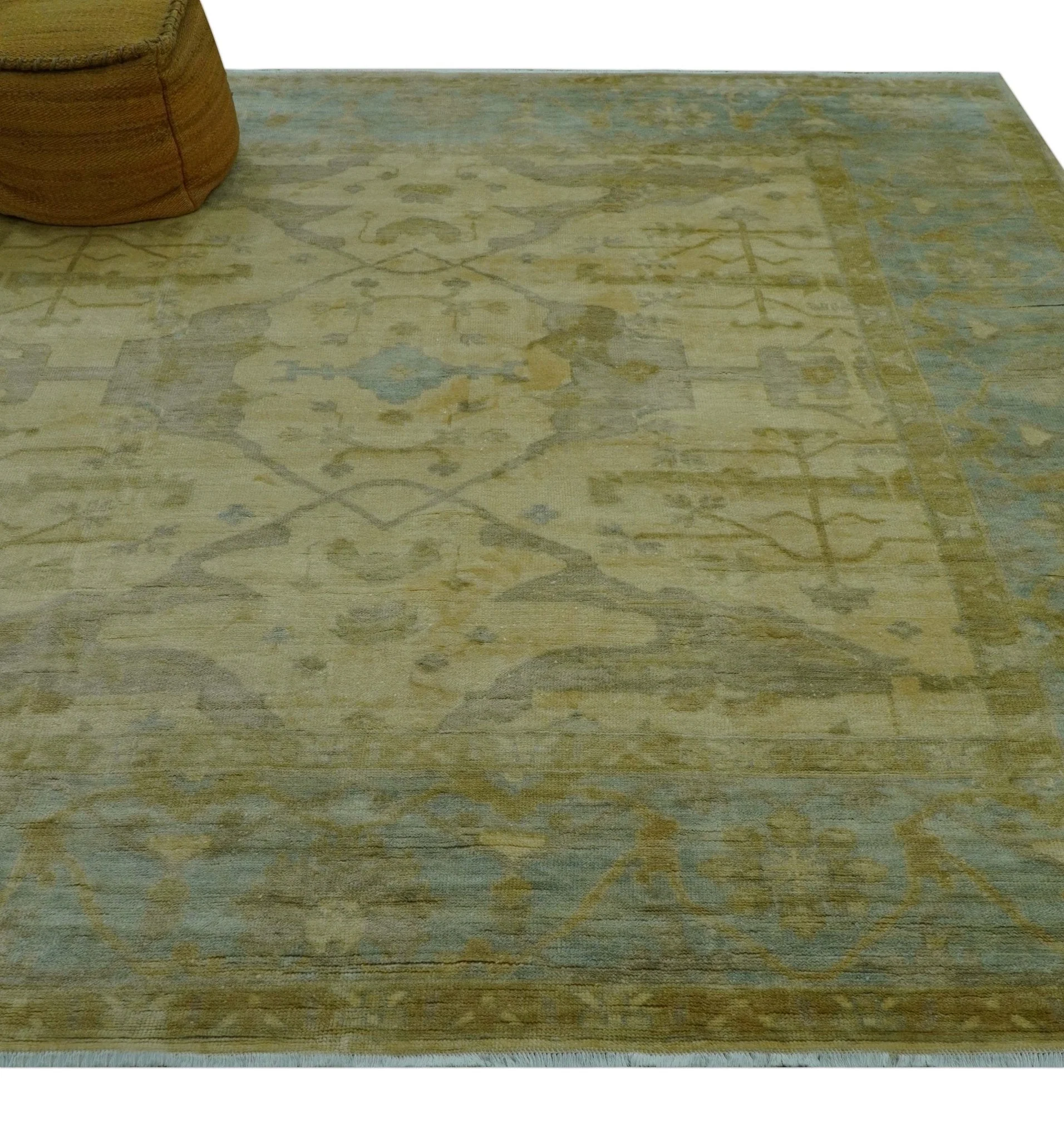 Traditional Oushak Design Blue And Beige Hand Knotted 10x10 Wool Area Rug - Image 4