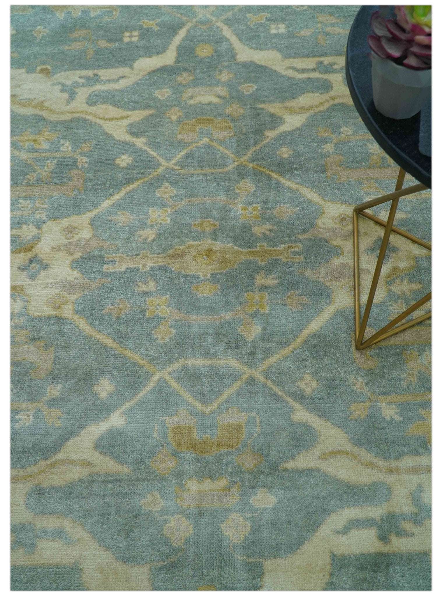 Traditional Oushak Design Blue And Beige Hand Knotted 8x10 Wool Area Rug - Image 3