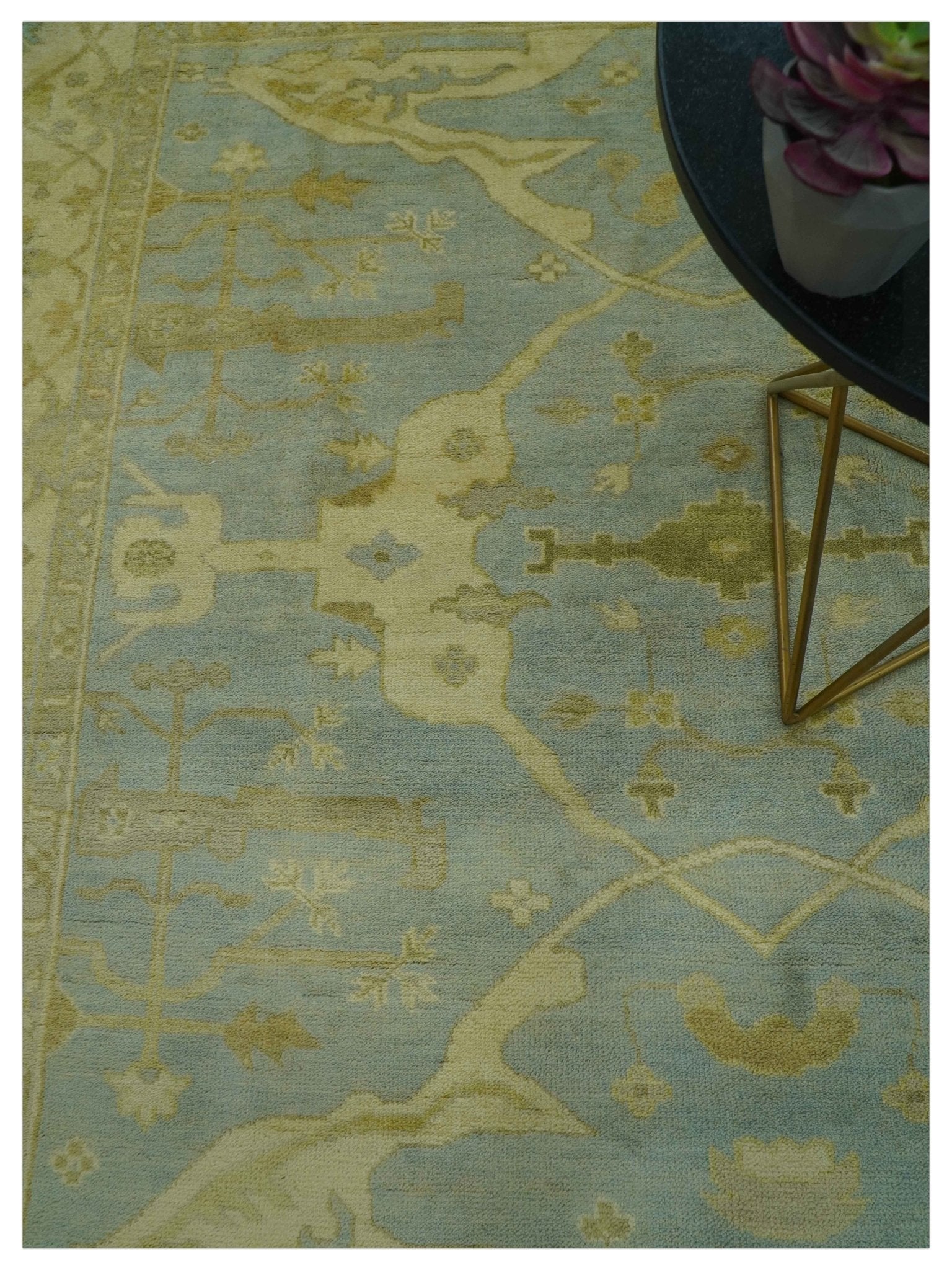 Traditional Oushak Design Blue And Beige hand Knotted 8x8 Wool Area Rug - Image 3