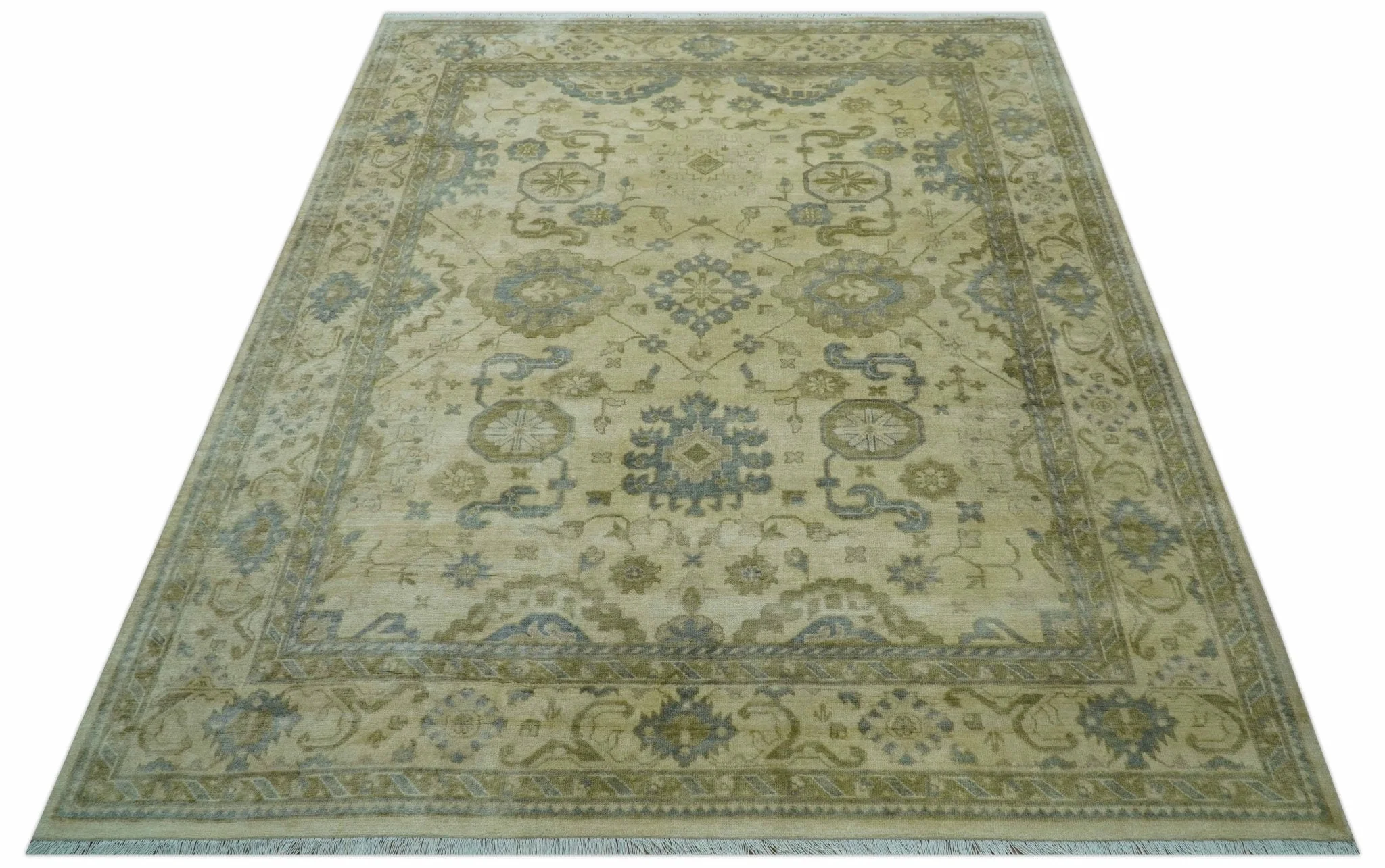 Traditional Oushak Design Blue And Beige Hand Knotted 9x12 Wool Area Rug - Image 10
