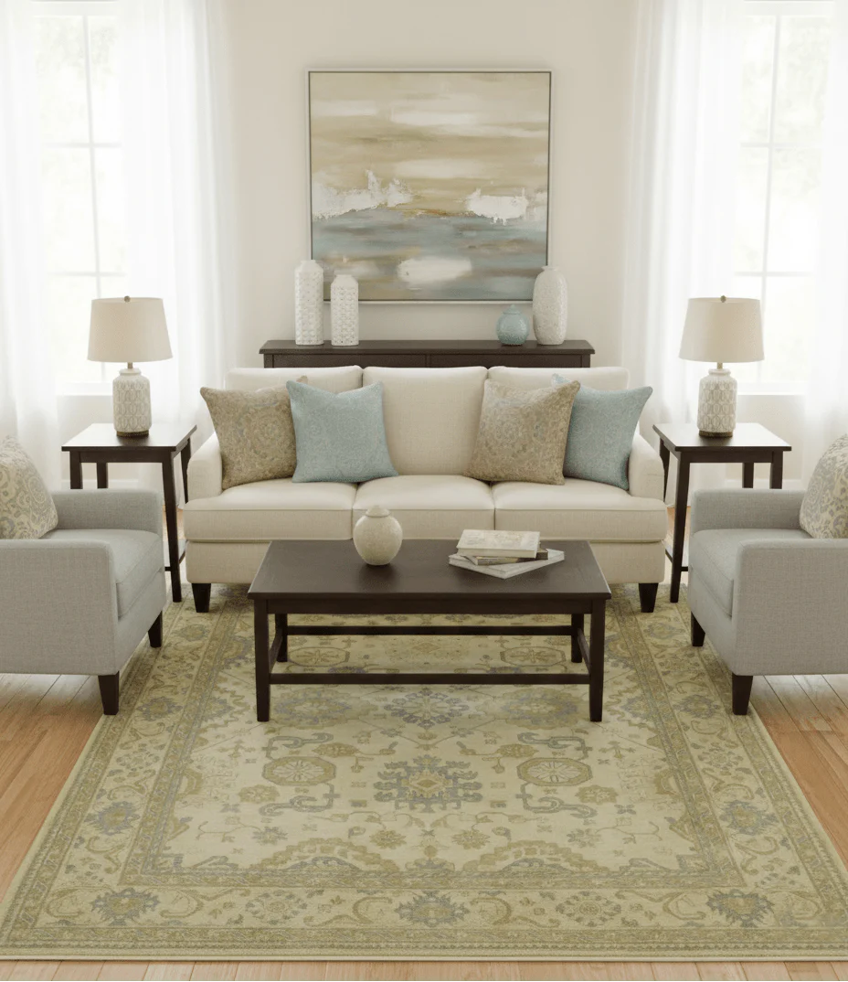 Traditional Oushak Design Blue And Beige Hand Knotted 9x12 Wool Area Rug - Image 2