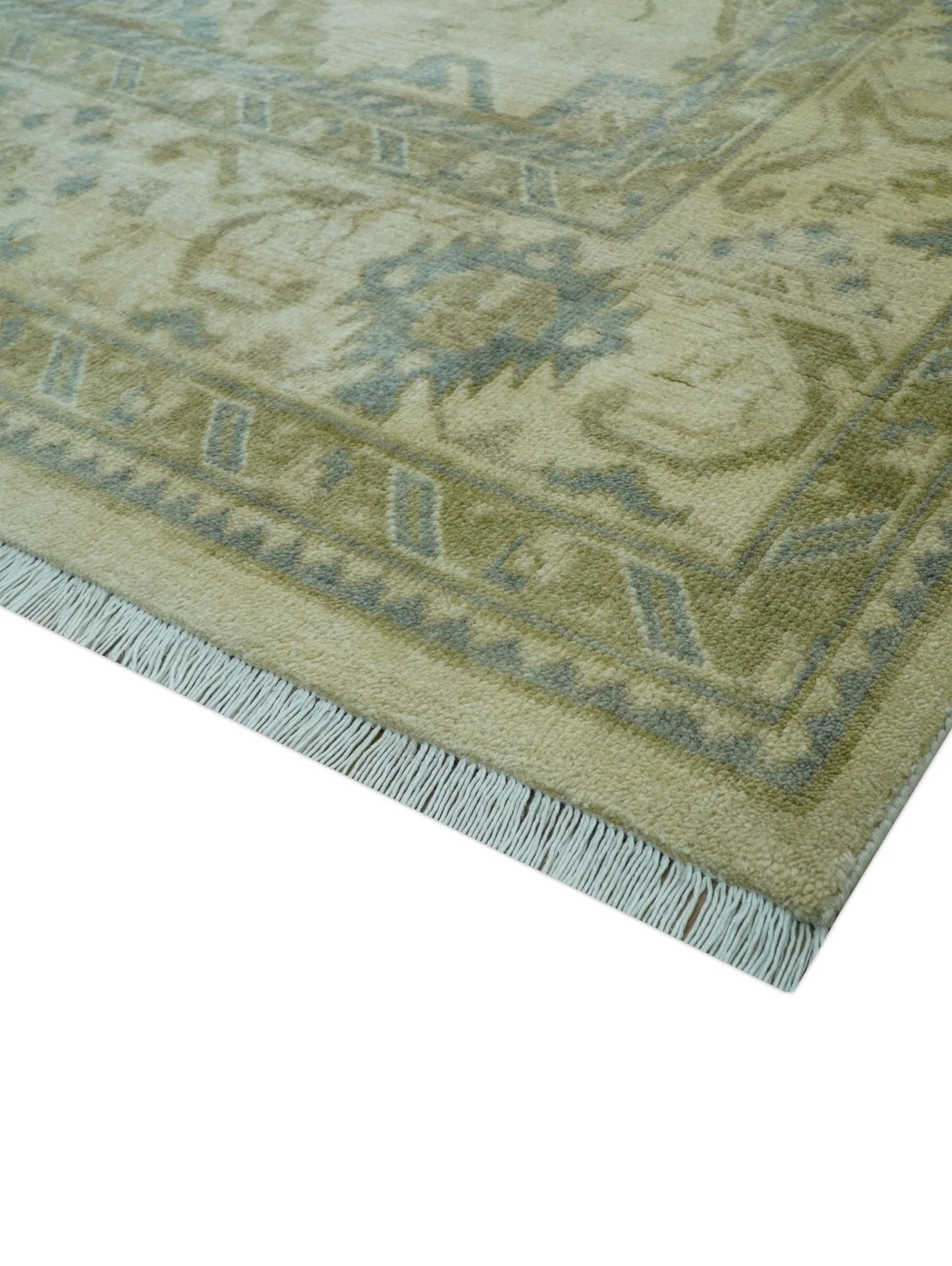 Traditional Oushak Design Blue And Beige Hand Knotted 9x12 Wool Area Rug - Image 8