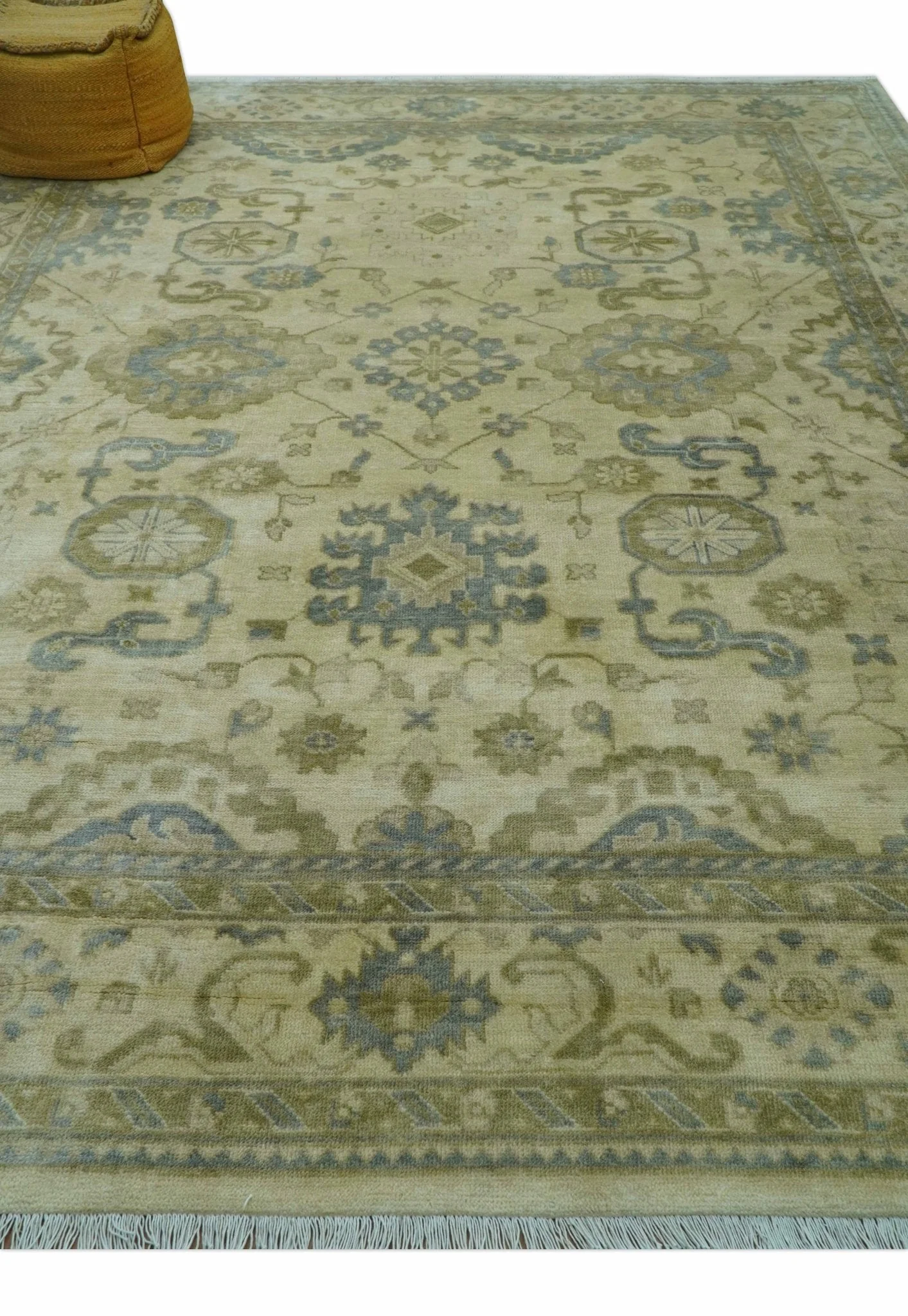 Traditional Oushak Design Blue And Beige Hand Knotted 9x12 Wool Area Rug - Image 9