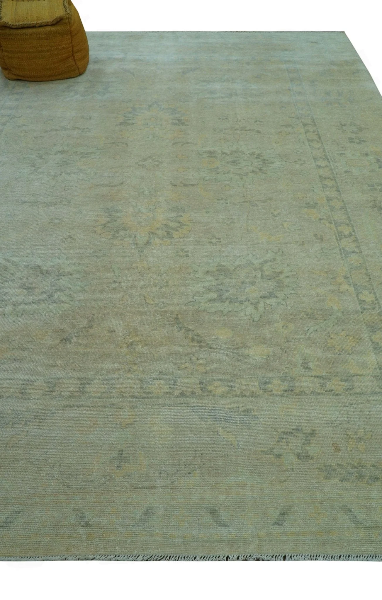 Traditional Oushak Design Blue And Beige Hand Knotted 9x12 Wool Area Rug - Image 9