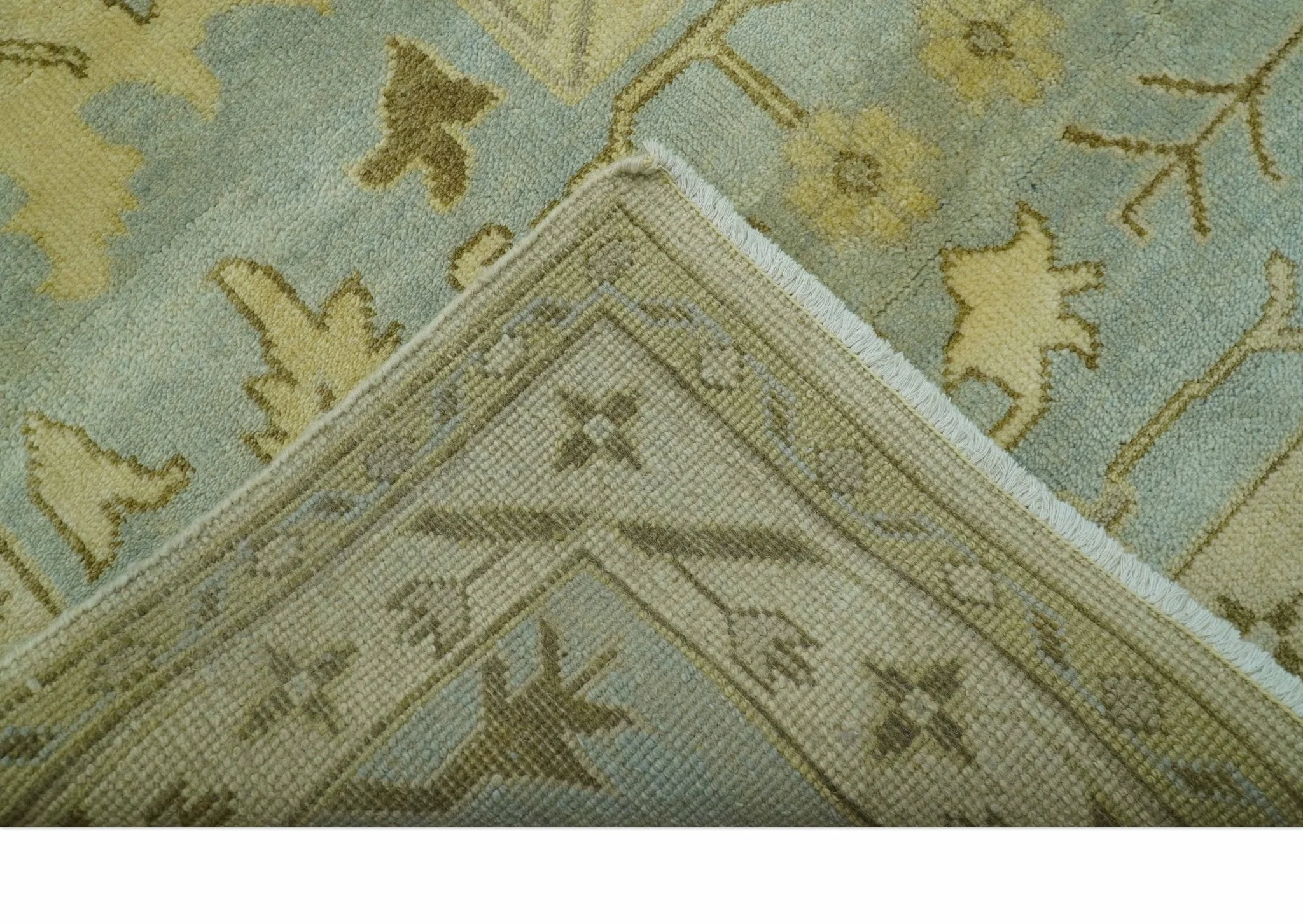 Traditional Oushak Design Blue And Beige Hand Knotted 9x13 Wool Area Rug - Image 4