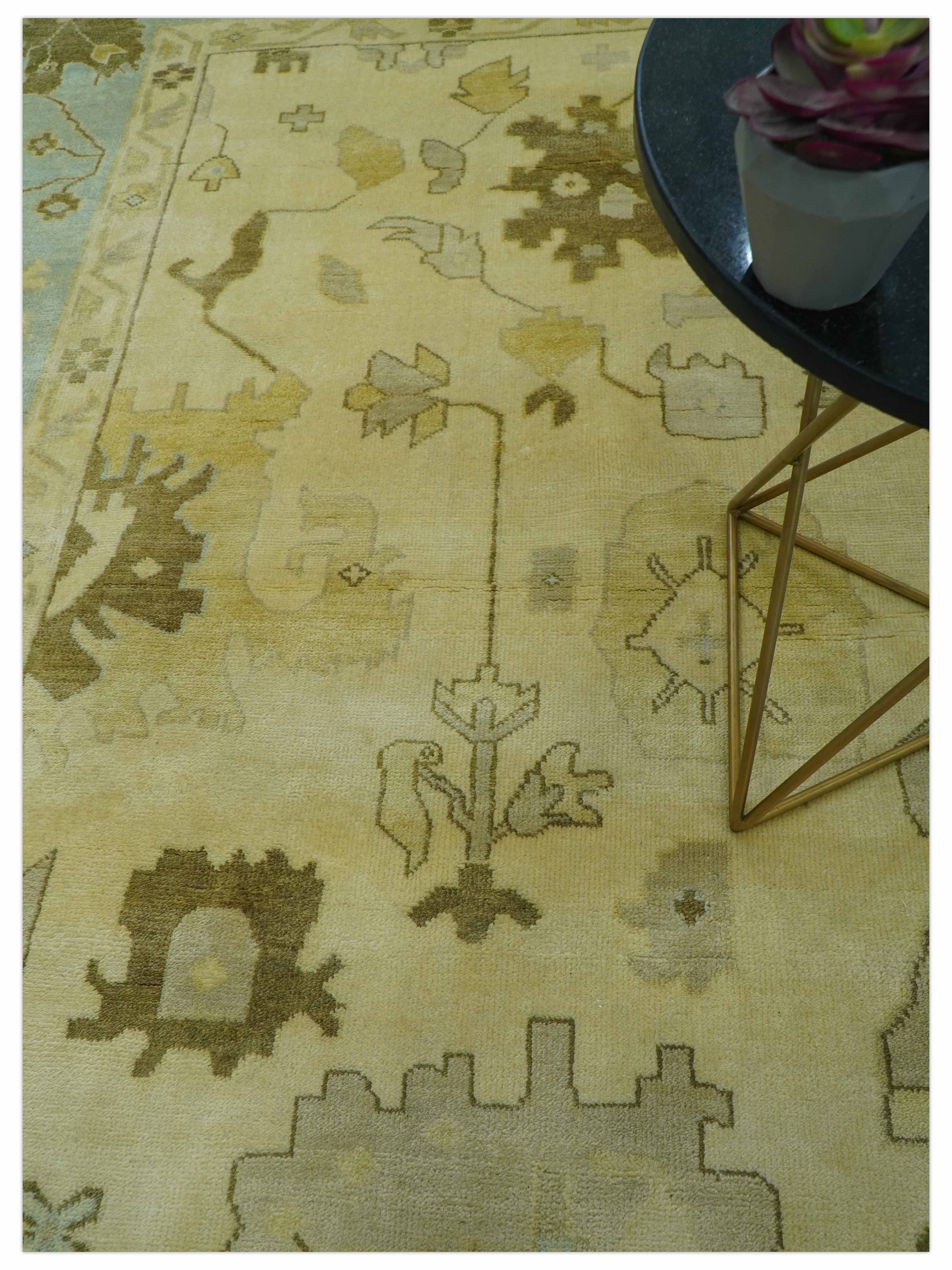 Traditional Oushak Design Blue And Beige Hand Knotted 9x13 Wool Area Rug - Image 8