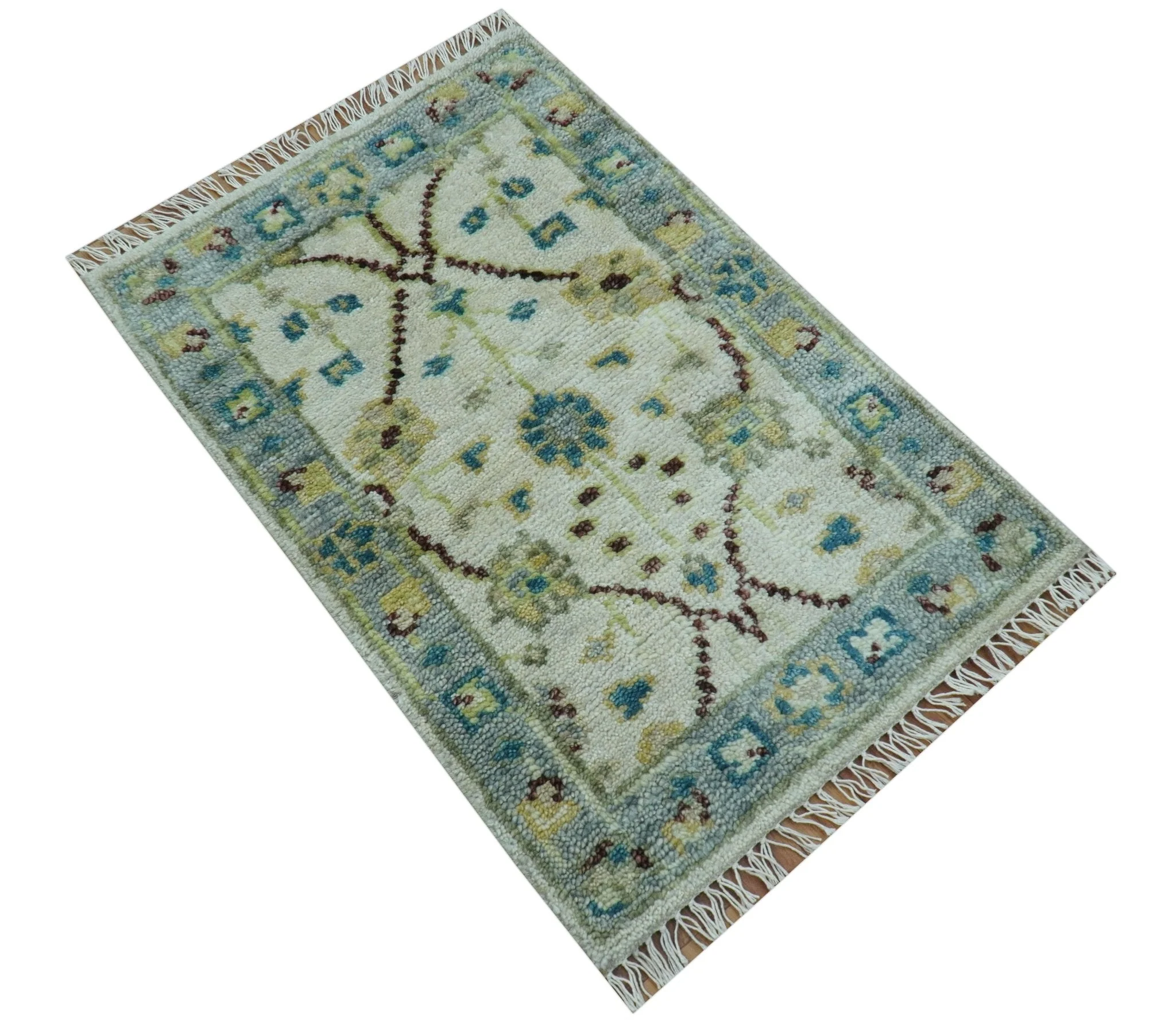 Traditional Oushak Design Blue And Ivory 2x3 Hand knotted Wool Area Rug - Image 3