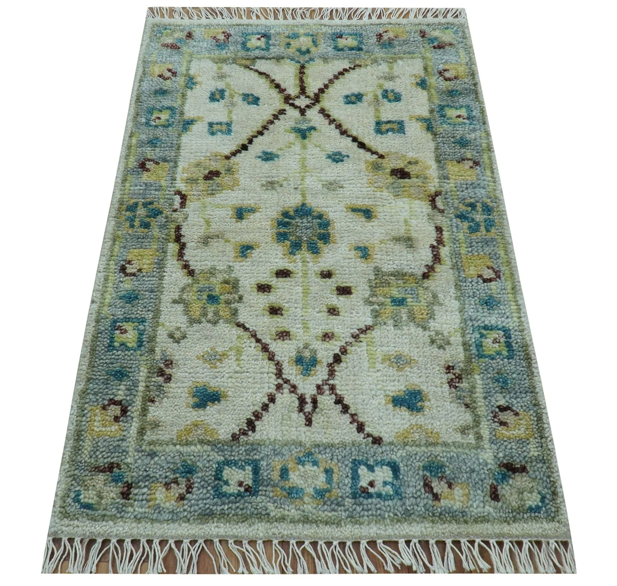 Traditional Oushak Design Blue And Ivory 2x3 Hand knotted Wool Area Rug - Image 4