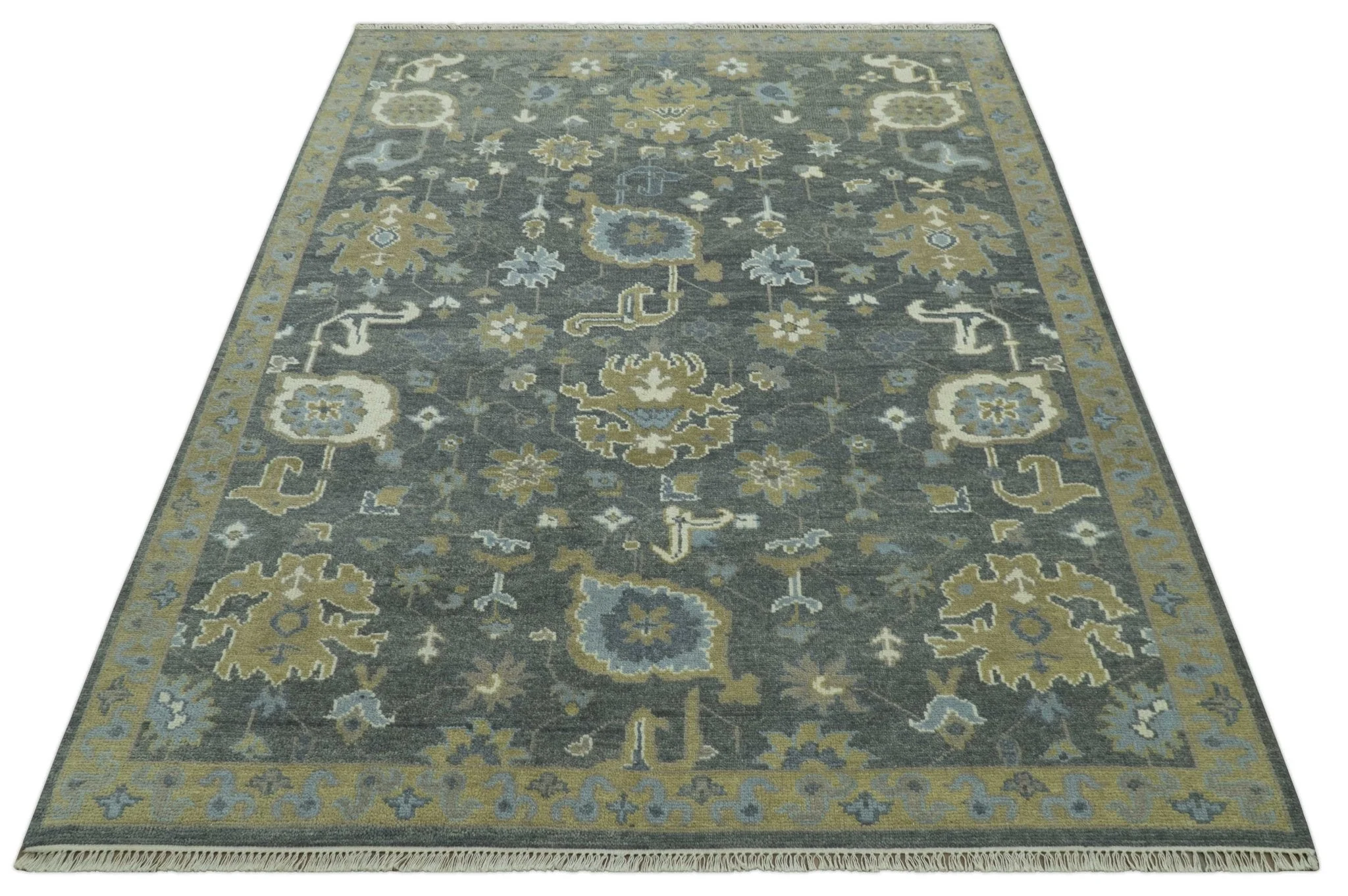 Traditional Oushak Design Charcoal And Camel Hand Knotted Custom Made Wool rug - Image 11