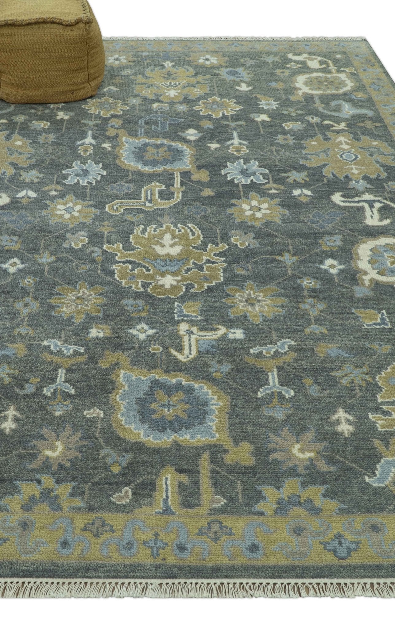 Traditional Oushak Design Charcoal And Camel Hand Knotted Custom Made Wool rug - Image 4
