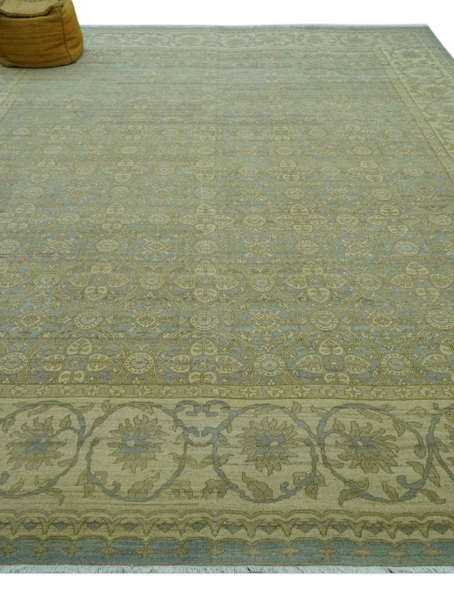 Traditional Oushak Design Green And Blue 11.5x14.6 Hand Knotted Wool Area Rug - Image 11