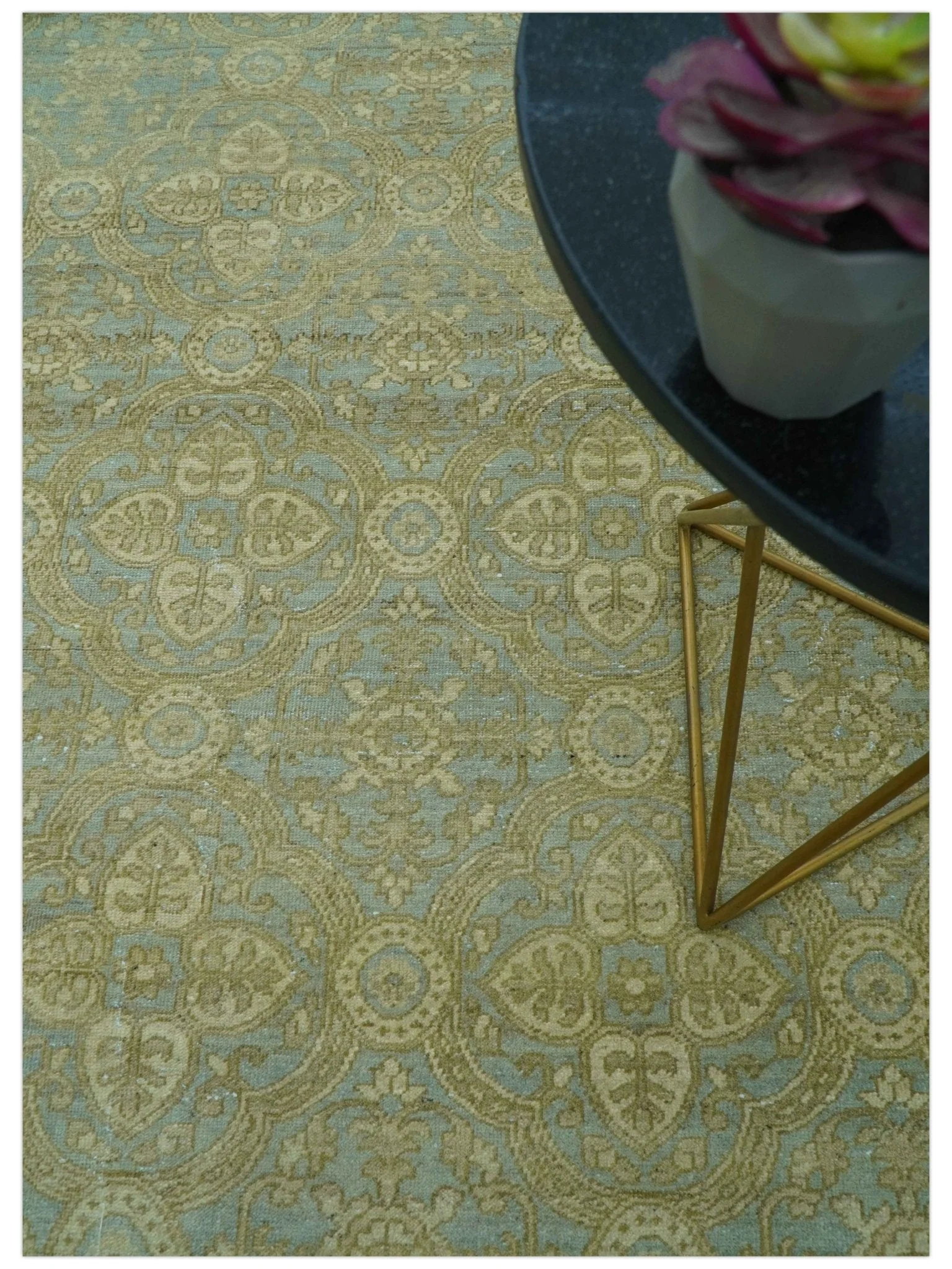 Traditional Oushak Design Green And Blue 11.5x14.6 Hand Knotted Wool Area Rug - Image 3