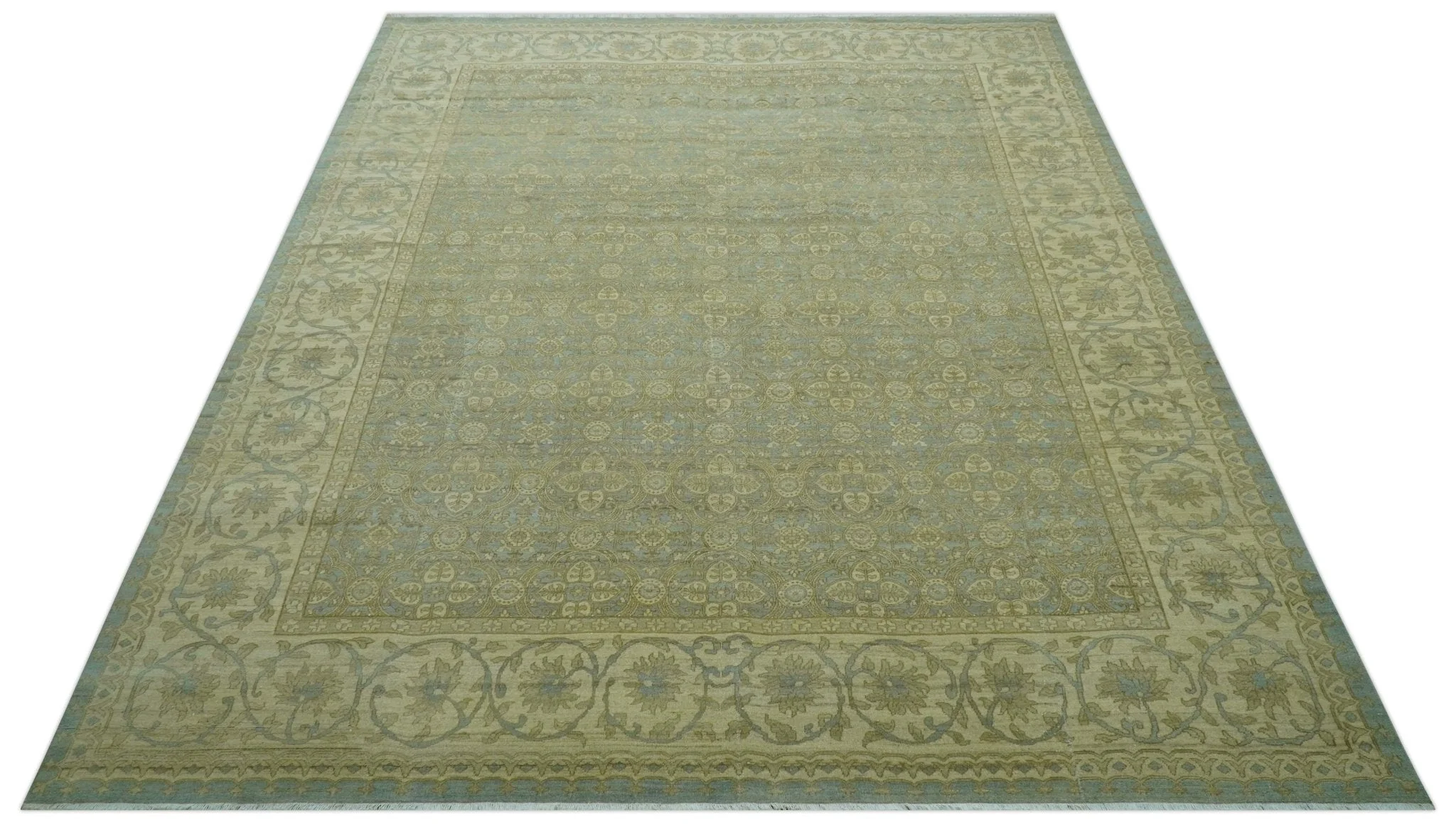 Traditional Oushak Design Green And Blue 11.5x14.6 Hand Knotted Wool Area Rug - Image 5