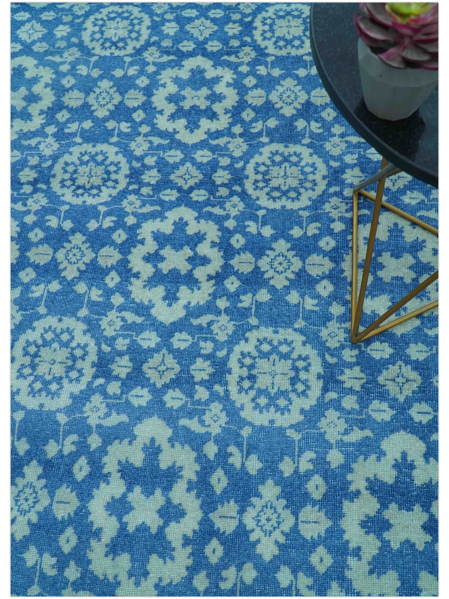 Traditional Turkish Design Blue 10x14 Hand Knotted Wool Area Rug - Image 3
