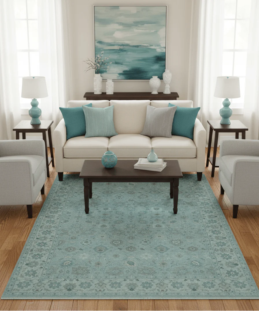 Traditional Turkish Design Blue And Beige 10x14 Hand Knotted Wool Area Rug - Image 2