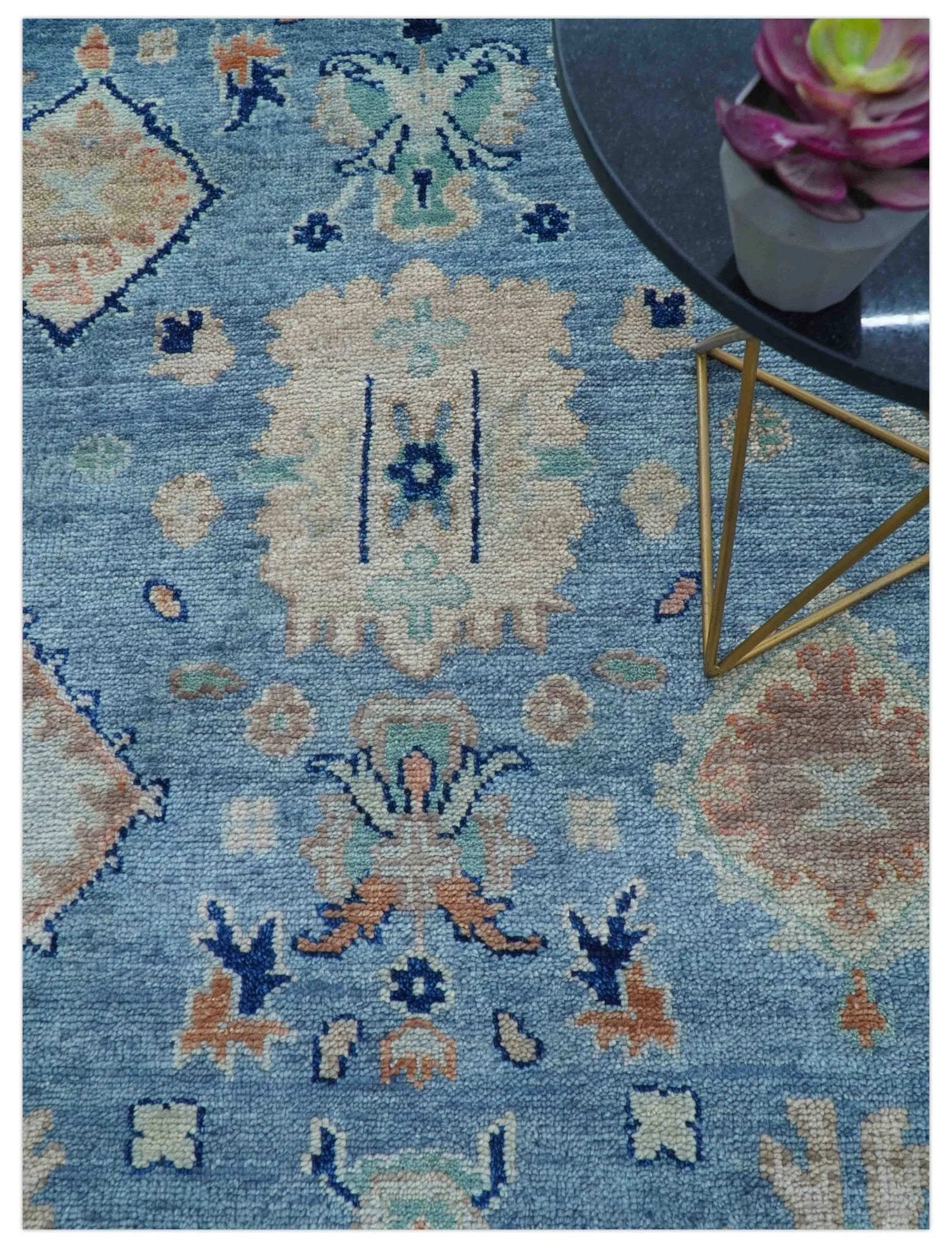 Traditional Turkish Design Blue And Beige 8x10 Hand knotted Wool Area Rug - Image 3
