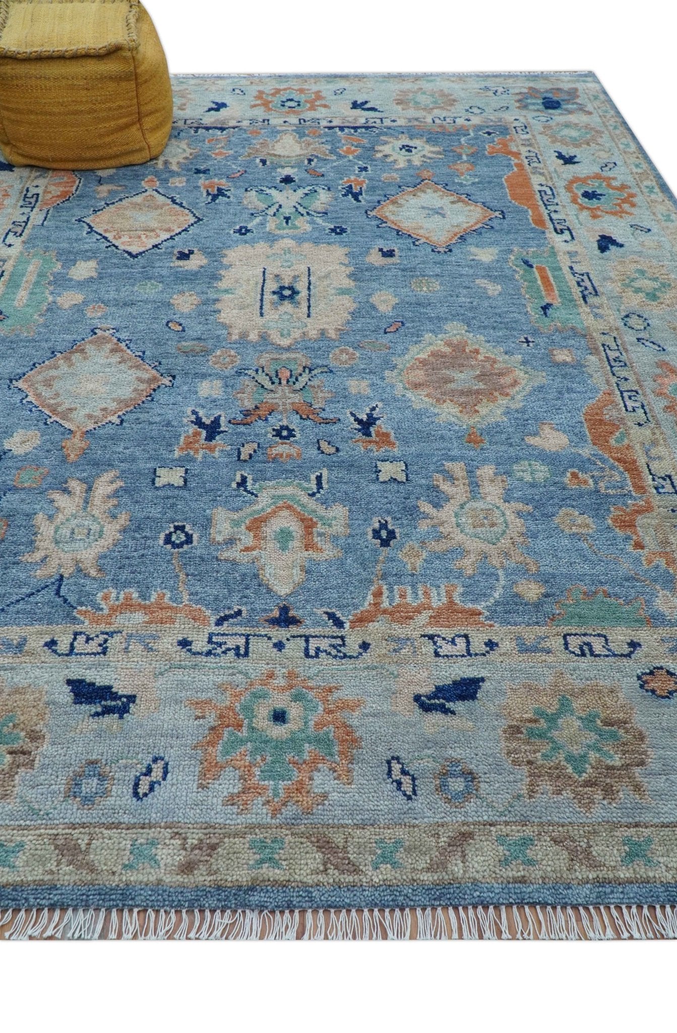 Traditional Turkish Design Blue And Beige 8x10 Hand knotted Wool Area Rug - Image 4