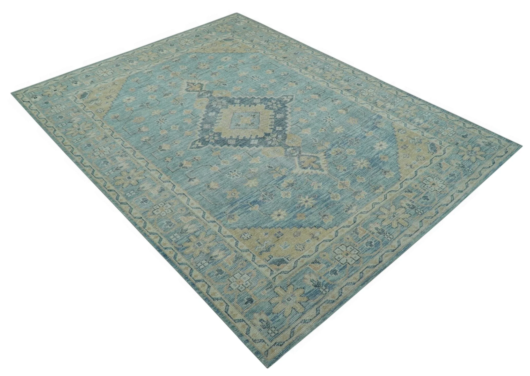 Traditional Turkish Design Blue And Beige Hand Knotted Wool Area Rug - Image 11
