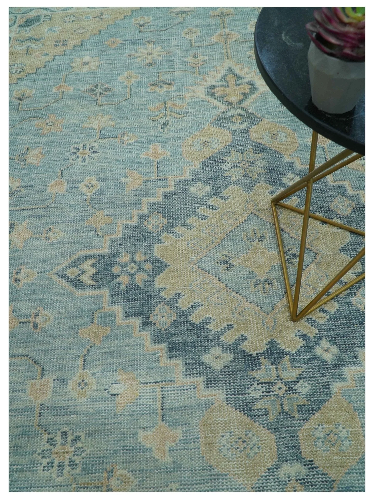 Traditional Turkish Design Blue And Beige Hand Knotted Wool Area Rug - Image 3